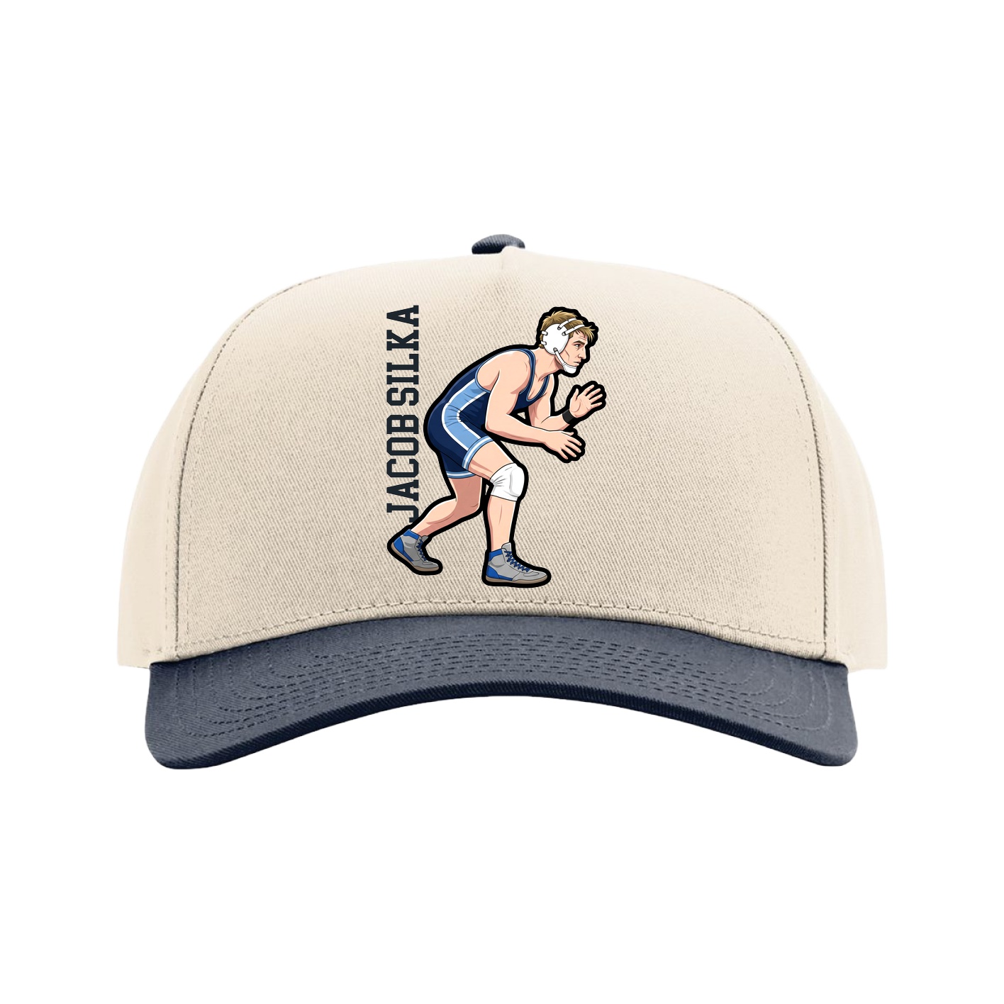 Full Fabric Five-Panel Champ Cap — Name Vertical in Cream/Navy