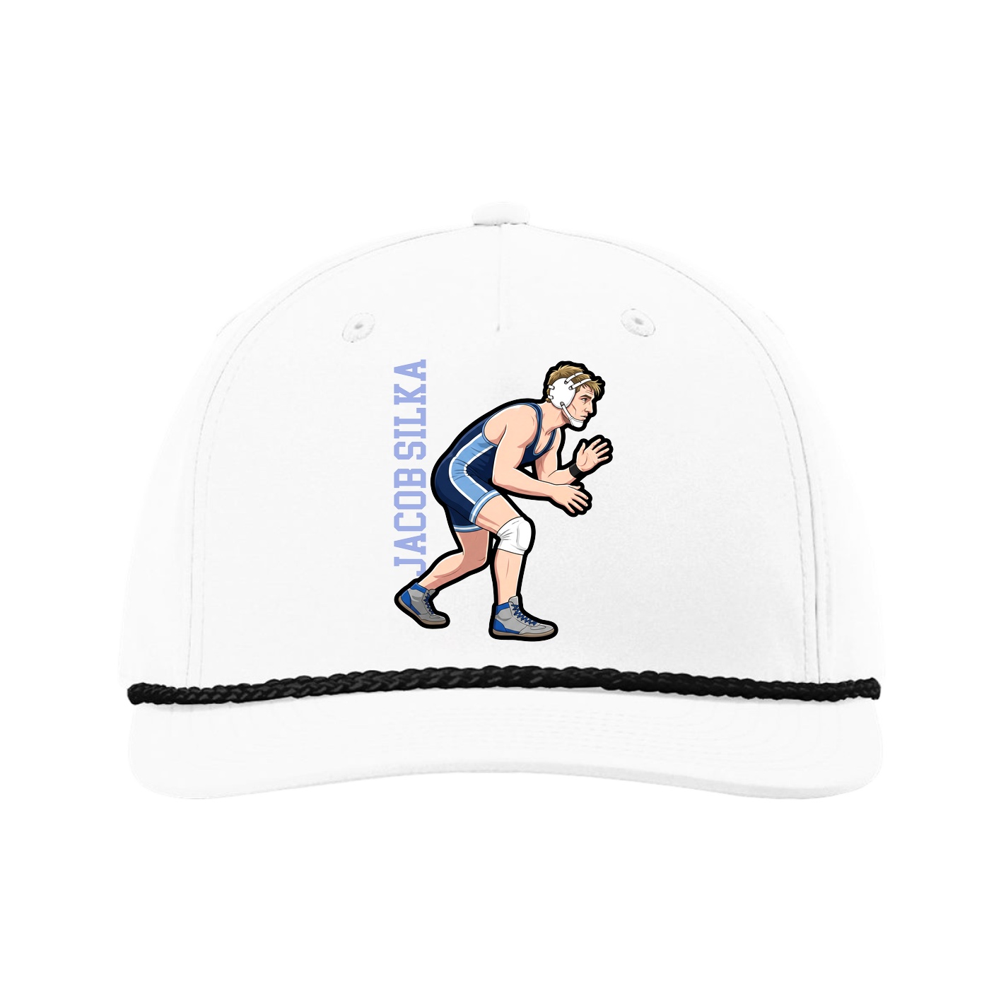 Five-Panel Classic Rope Cap — Name Vertical in White