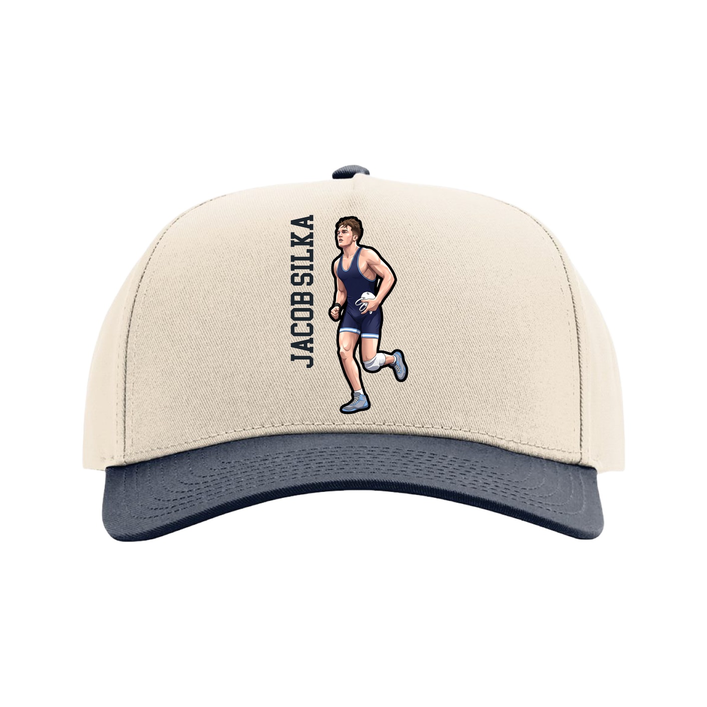 Full Fabric Five-Panel Champ Cap — Name Vertical in Cream/Navy