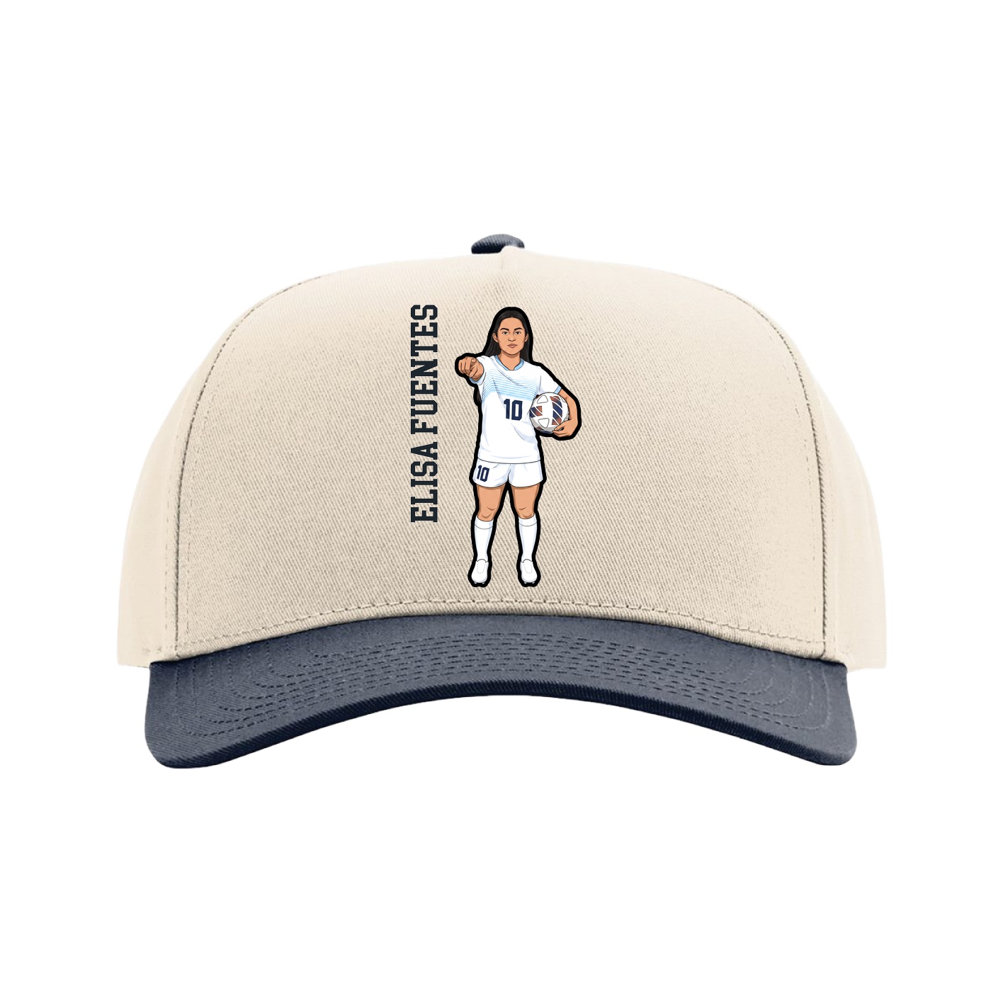 Full Fabric Five-Panel Champ Cap — Name Vertical in Cream/Navy