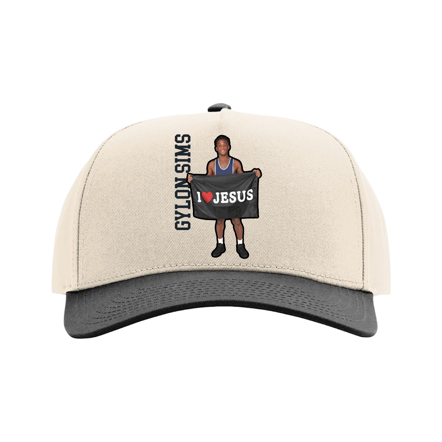 Full Fabric Five-Panel Champ Cap — Name Vertical in Cream/Black