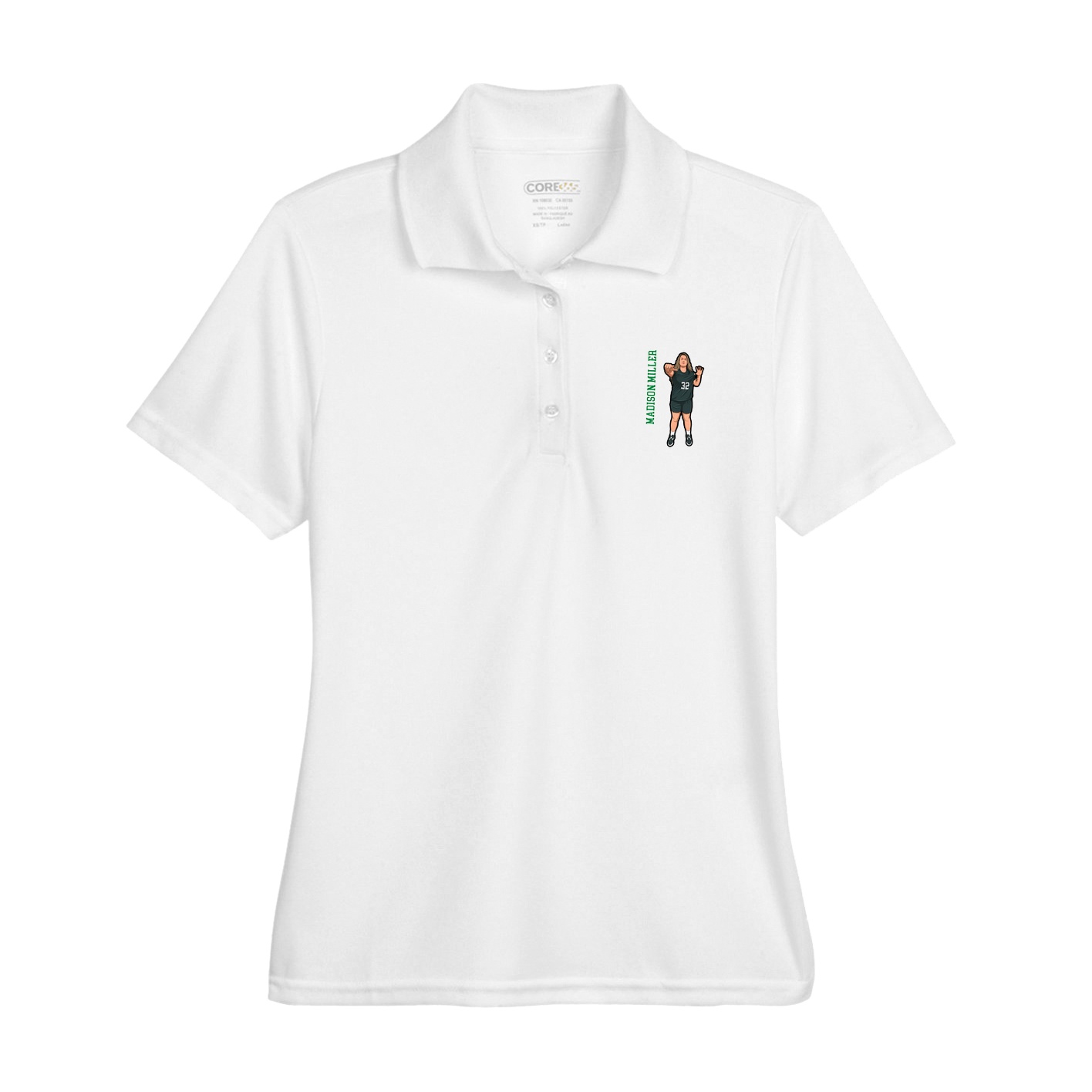 Womens Performance Polo — Name Vertical in White