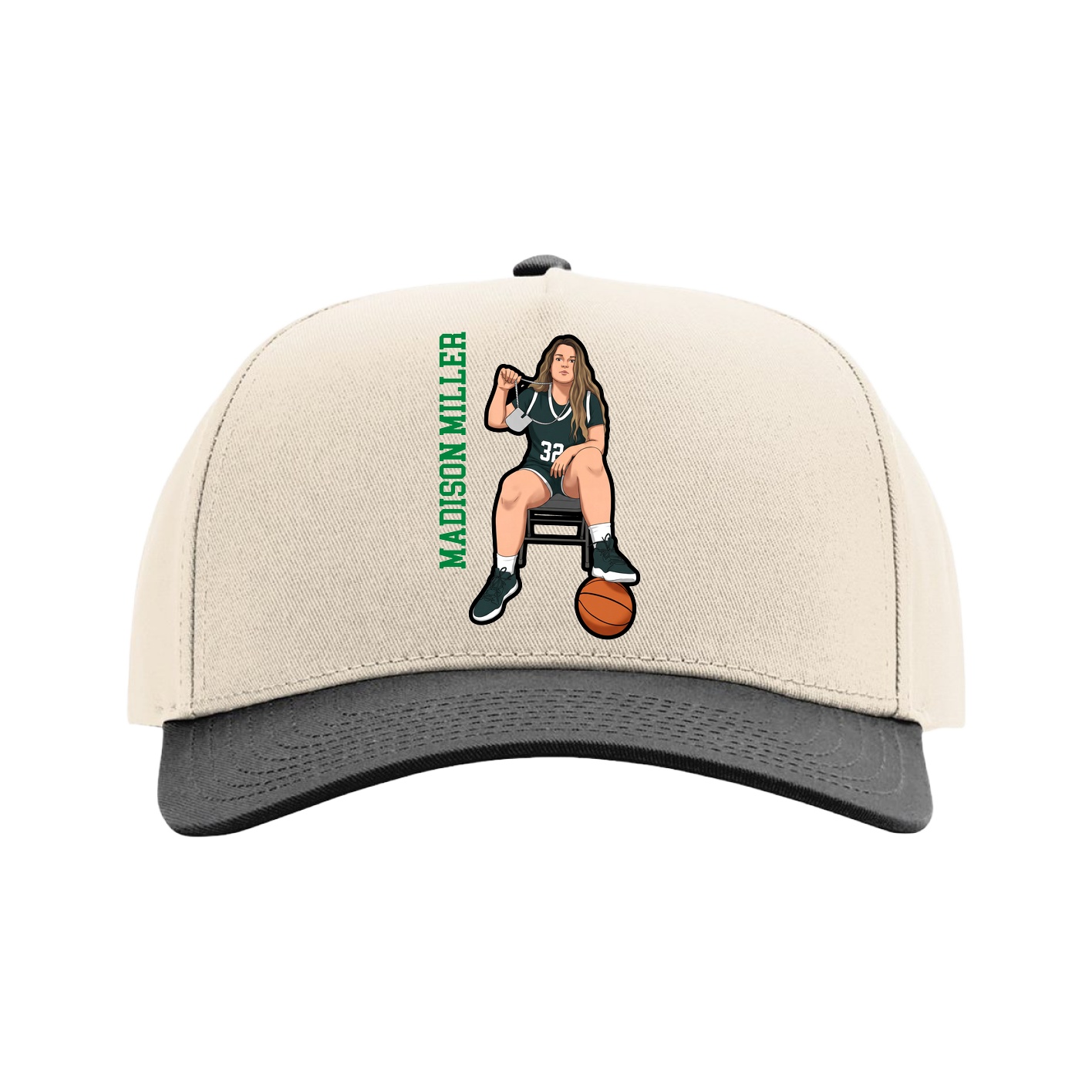 Full Fabric Five-Panel Champ Cap — Name Vertical in Cream/Black