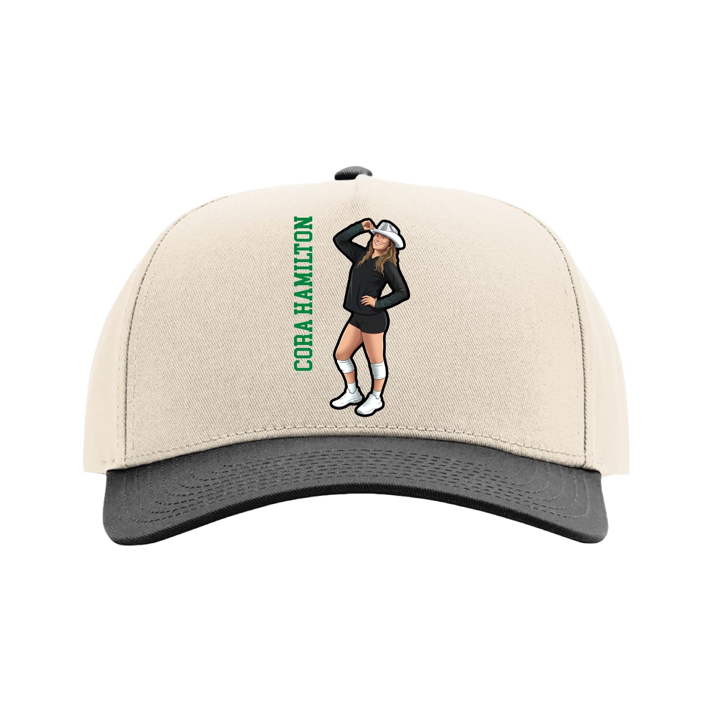 Full Fabric Five-Panel Champ Cap — Name Vertical in Cream/Black