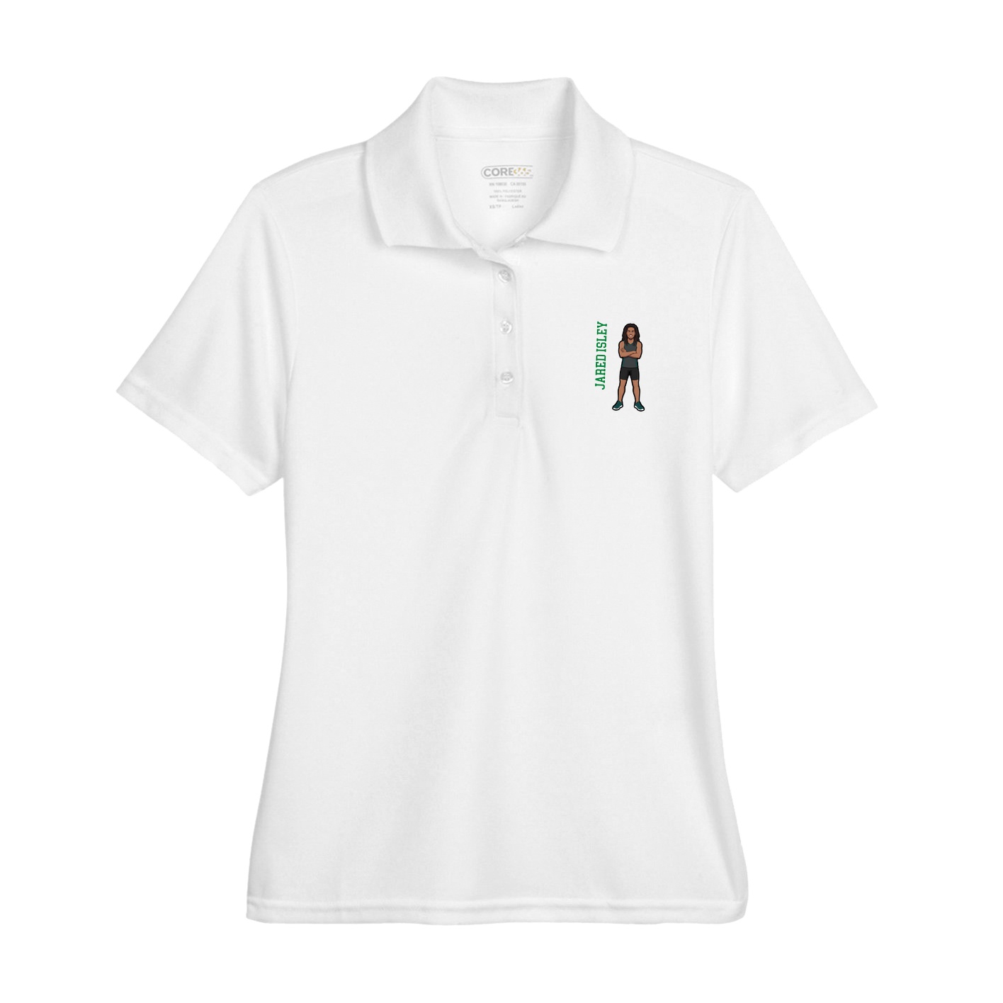 Womens Performance Polo — Name Vertical in White
