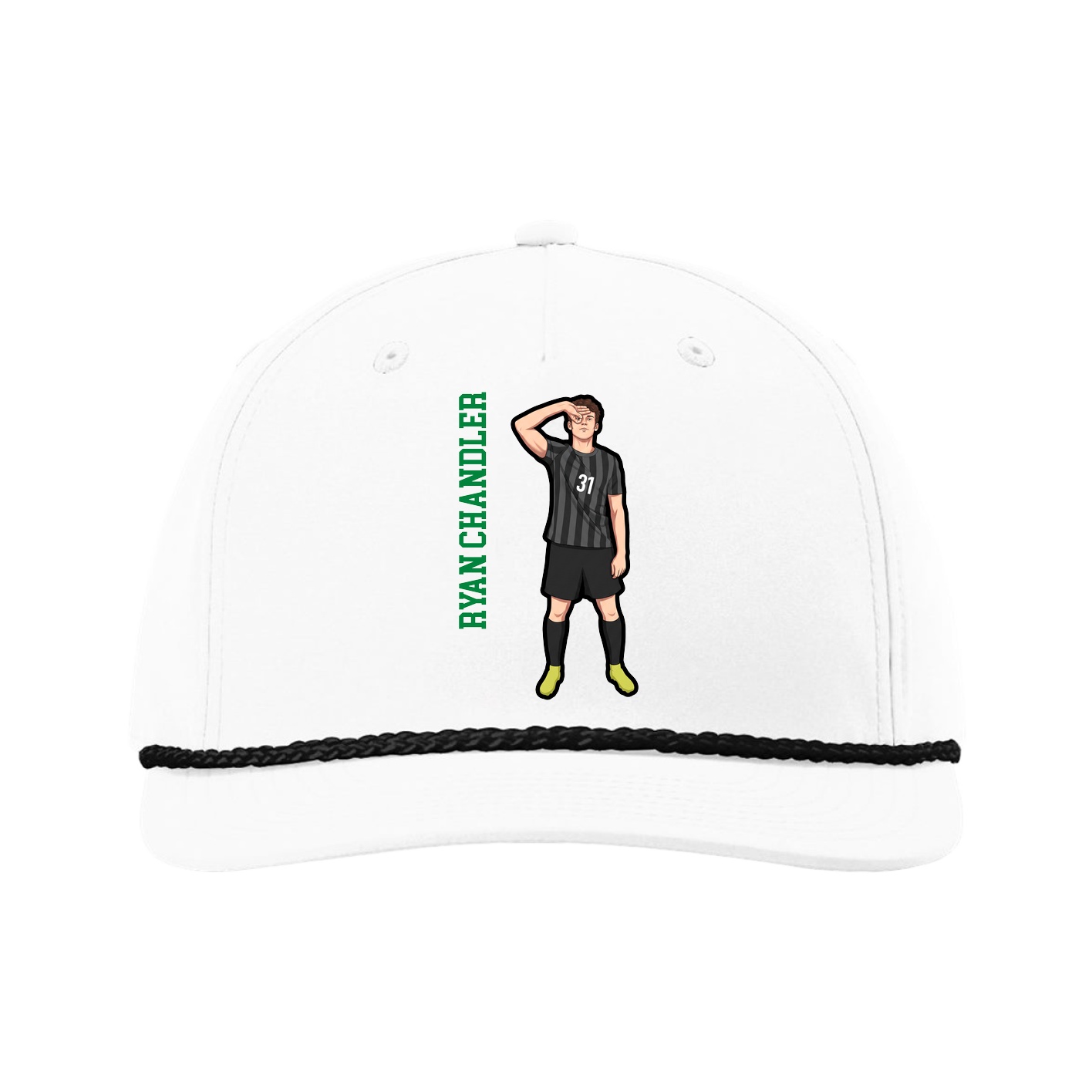 Five-Panel Classic Rope Cap — Name Vertical in White