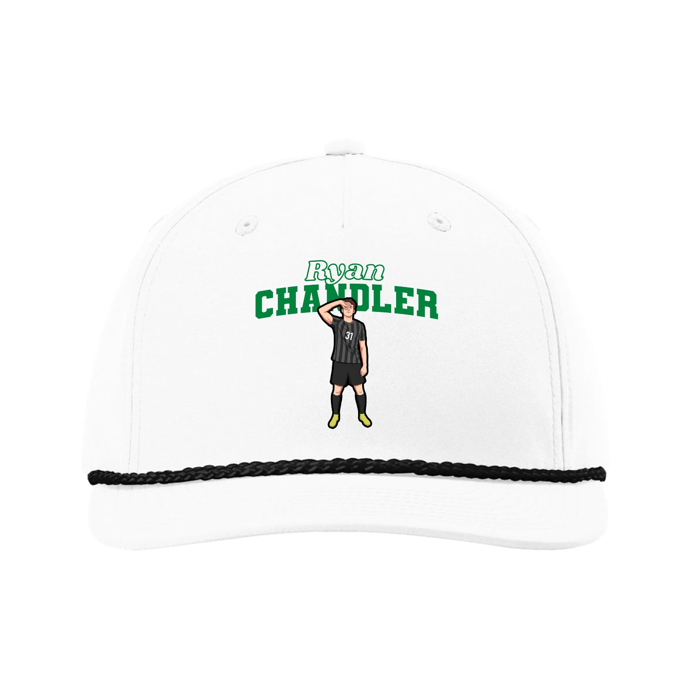 Five-Panel Classic Rope Cap — Name Arch in White