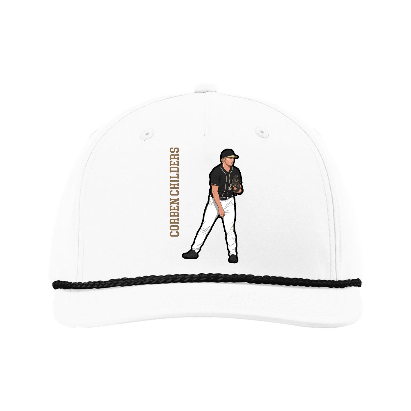 Five-Panel Classic Rope Cap — Name Vertical in White