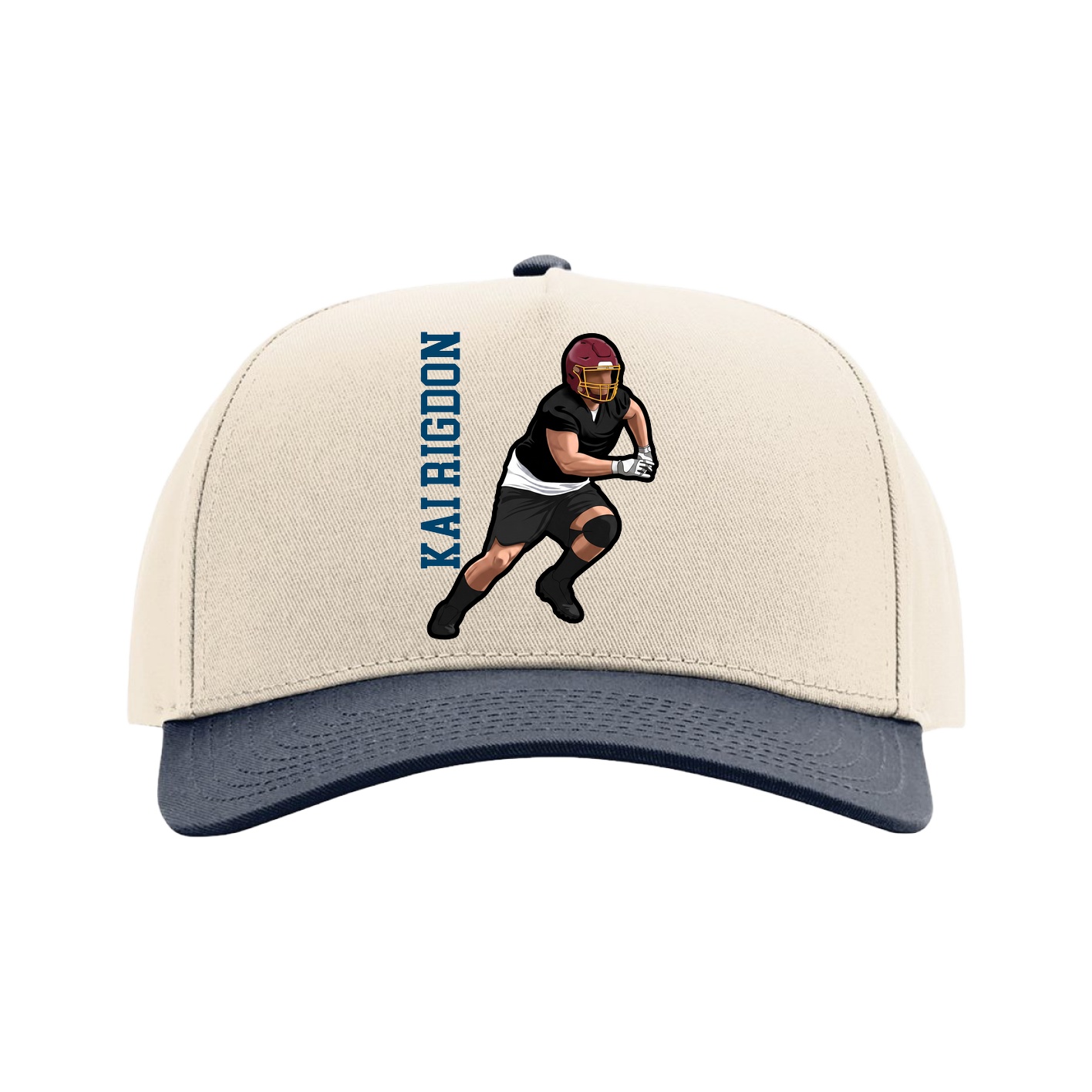 Full Fabric Five-Panel Champ Cap — Name Vertical in Cream/Navy