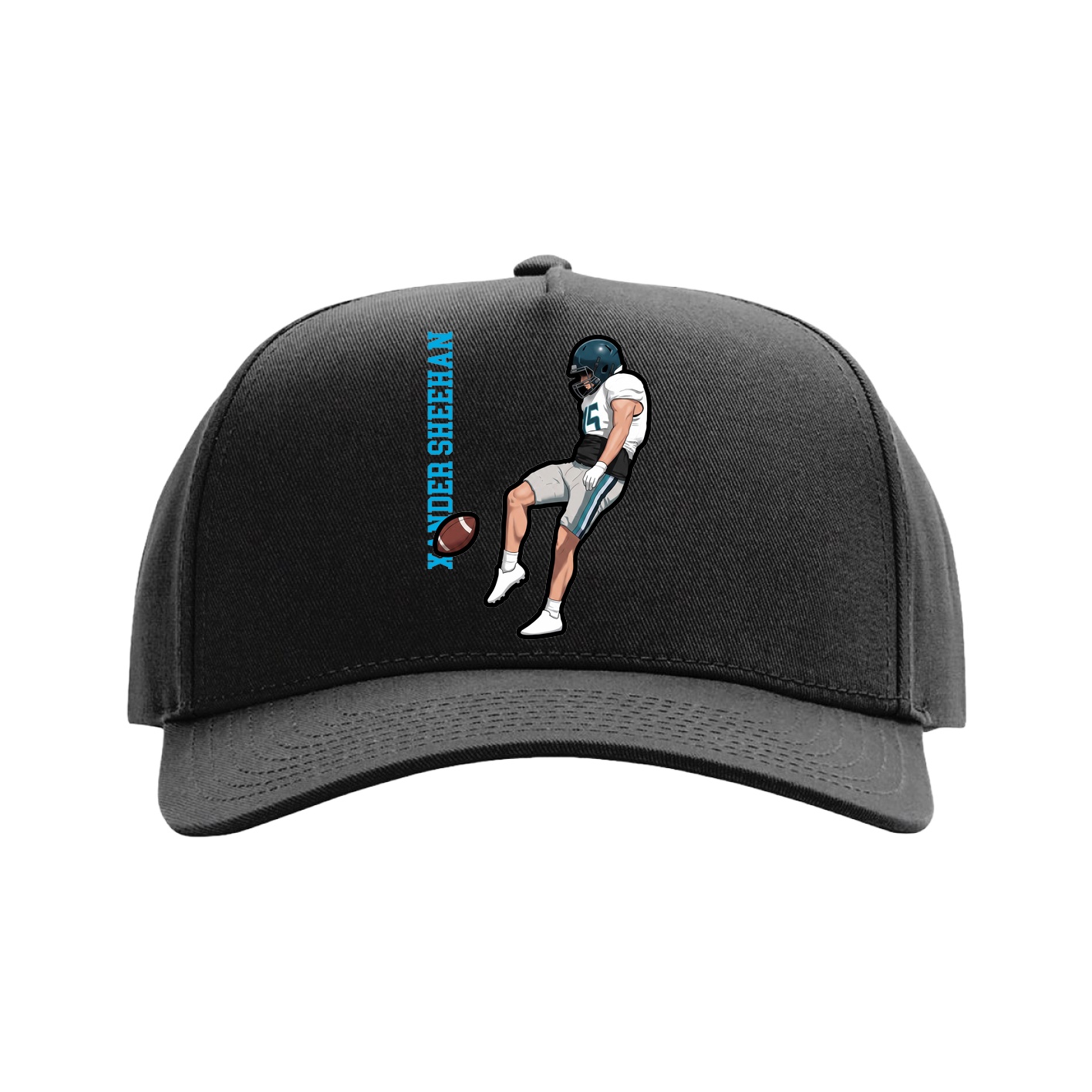 Full Fabric Five-Panel Champ Cap — Name Vertical in Black