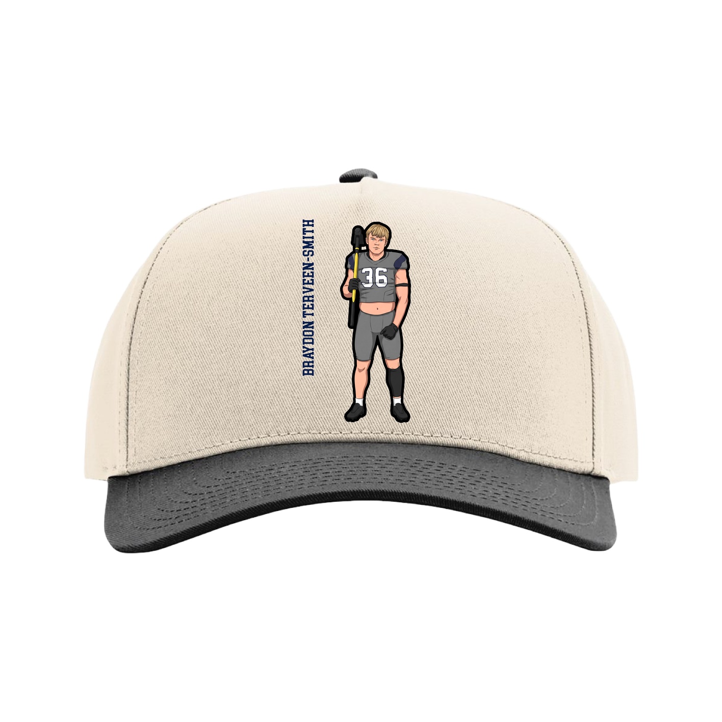 Full Fabric Five-Panel Champ Cap — Name Vertical in Cream/Black