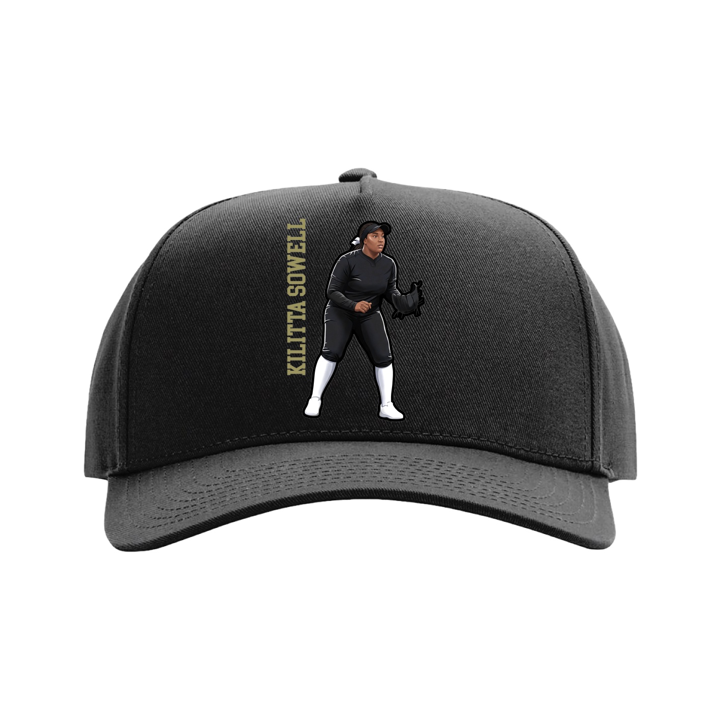 Full Fabric Five-Panel Champ Cap — Name Vertical in Black