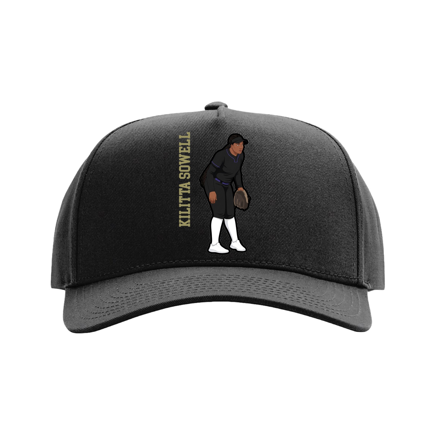 Full Fabric Five-Panel Champ Cap — Name Vertical in Black
