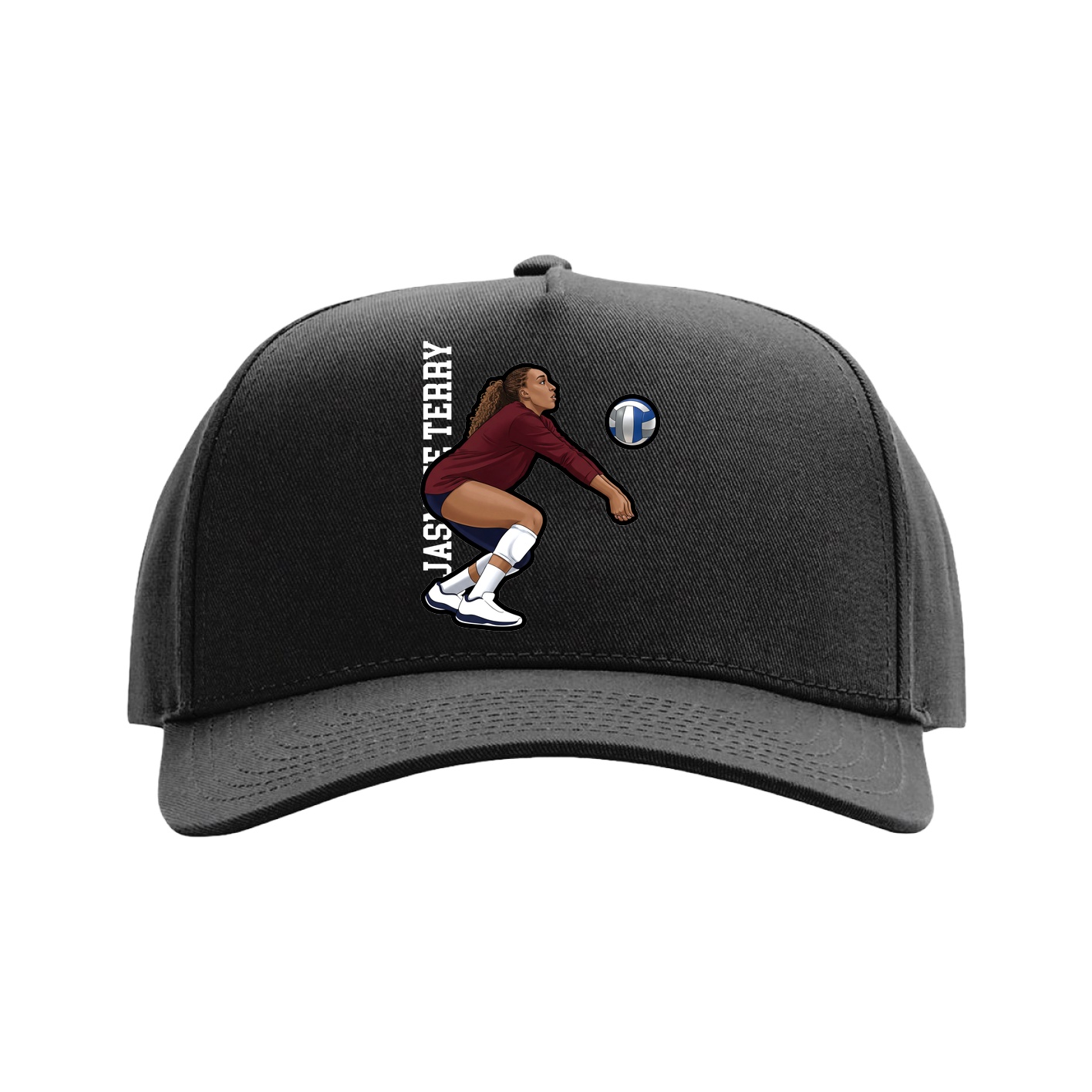 Full Fabric Five-Panel Champ Cap — Name Vertical in Black