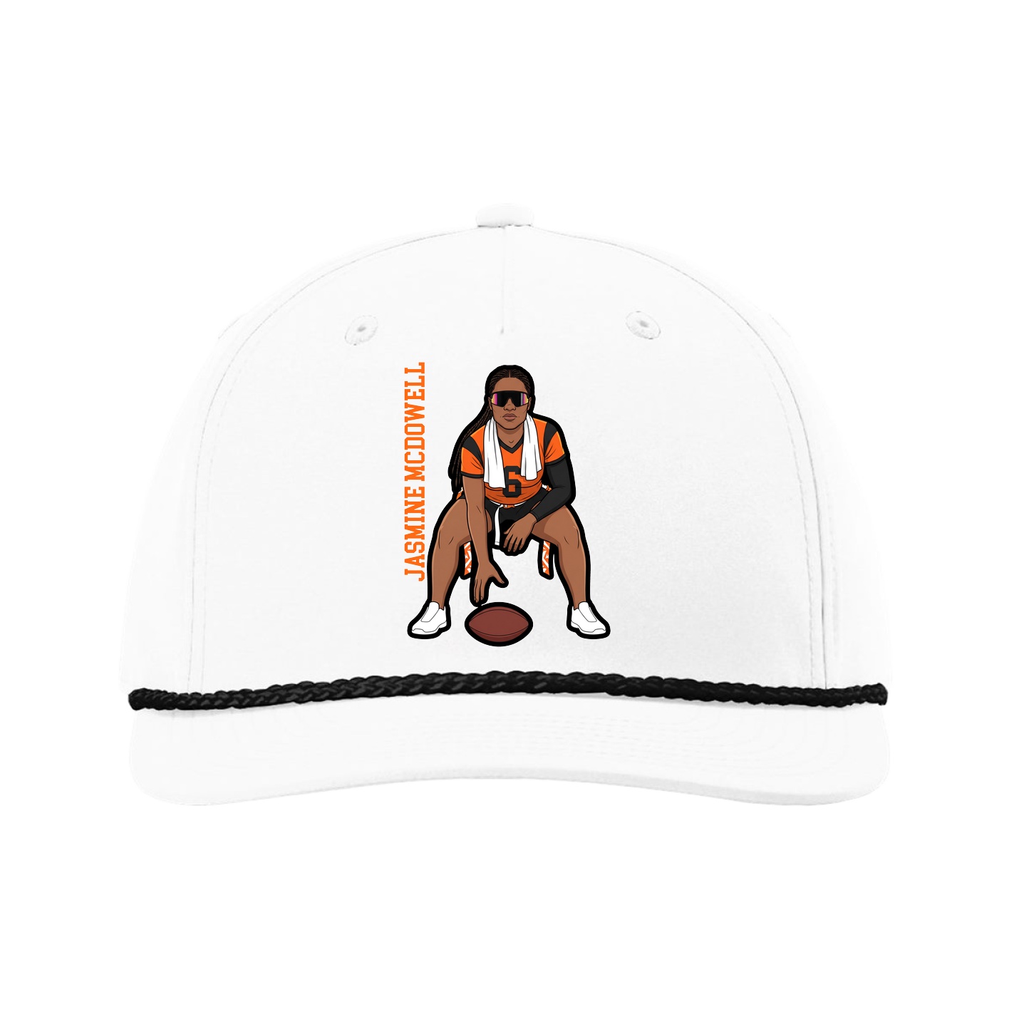Five-Panel Classic Rope Cap — Name Vertical in White