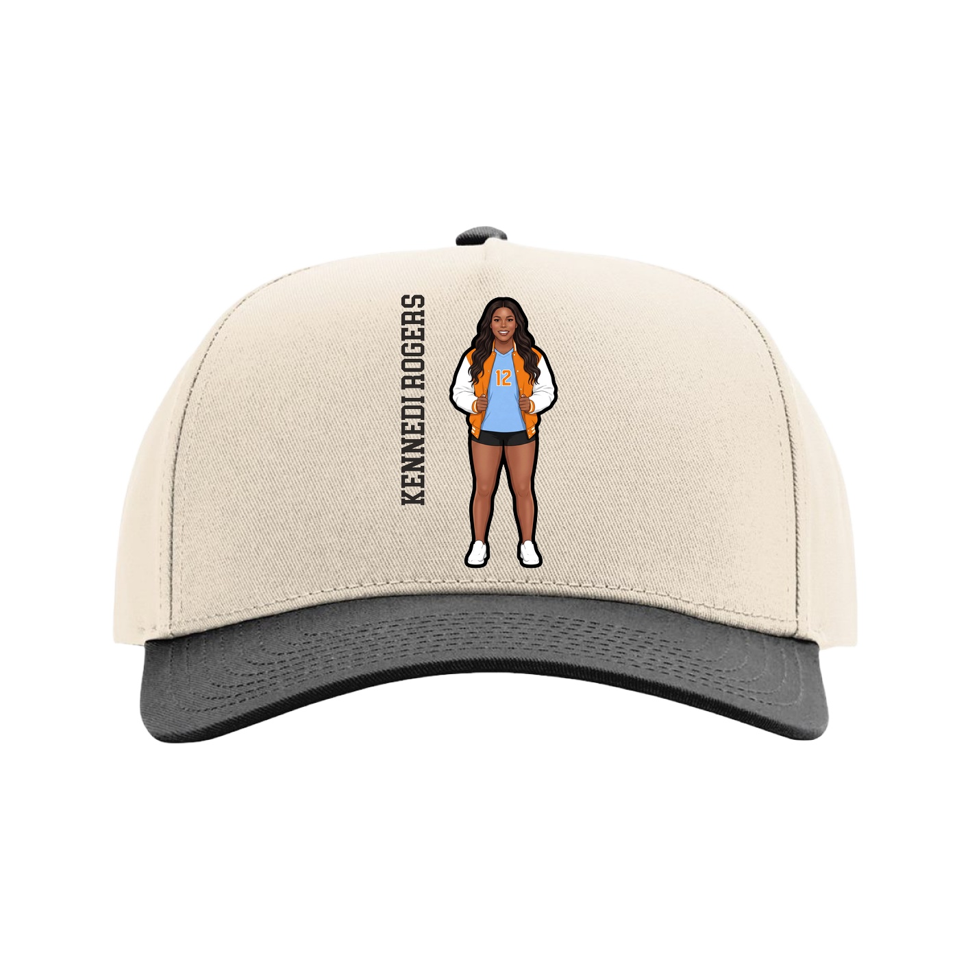 Full Fabric Five-Panel Champ Cap — Name Vertical in Cream/Black