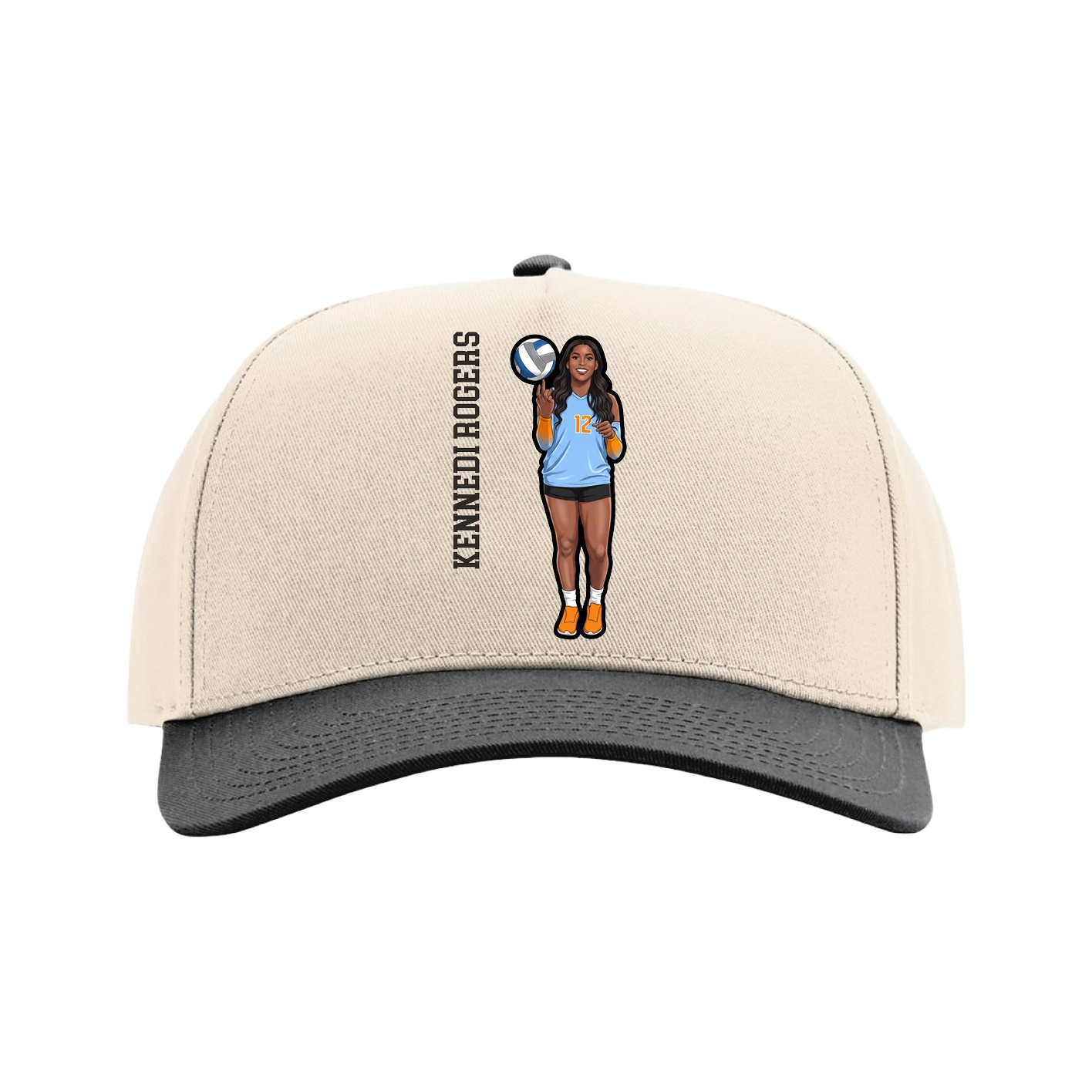 Full Fabric Five-Panel Champ Cap — Name Vertical in Cream/Black