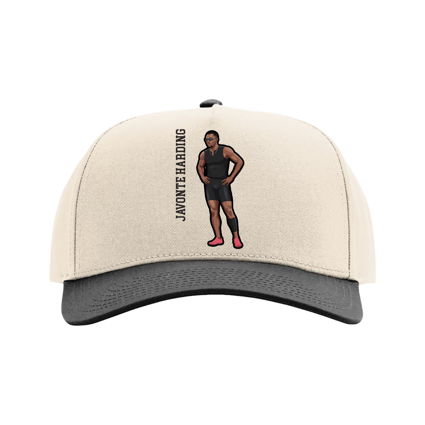 Full Fabric Five-Panel Champ Cap — Name Vertical in Cream/Black