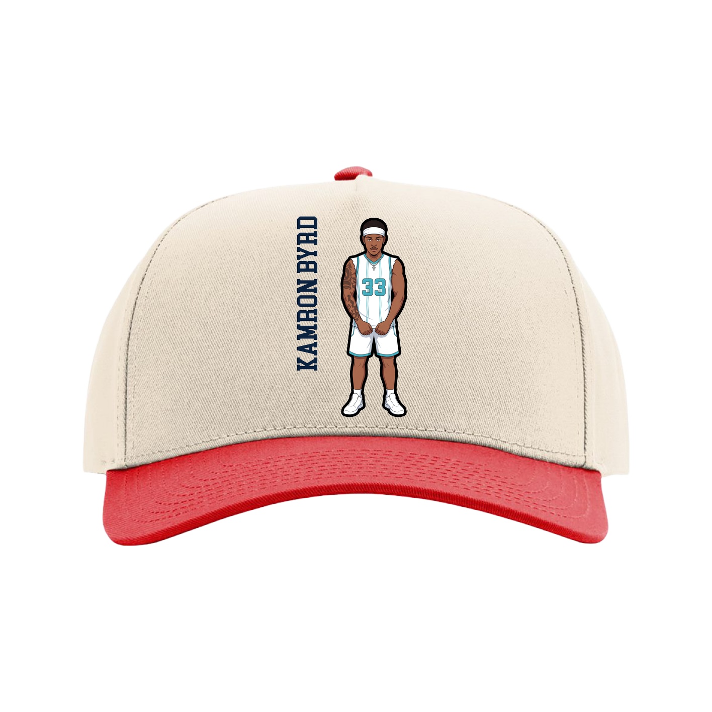 Full Fabric Five-Panel Champ Cap — Name Vertical in Cream/Red