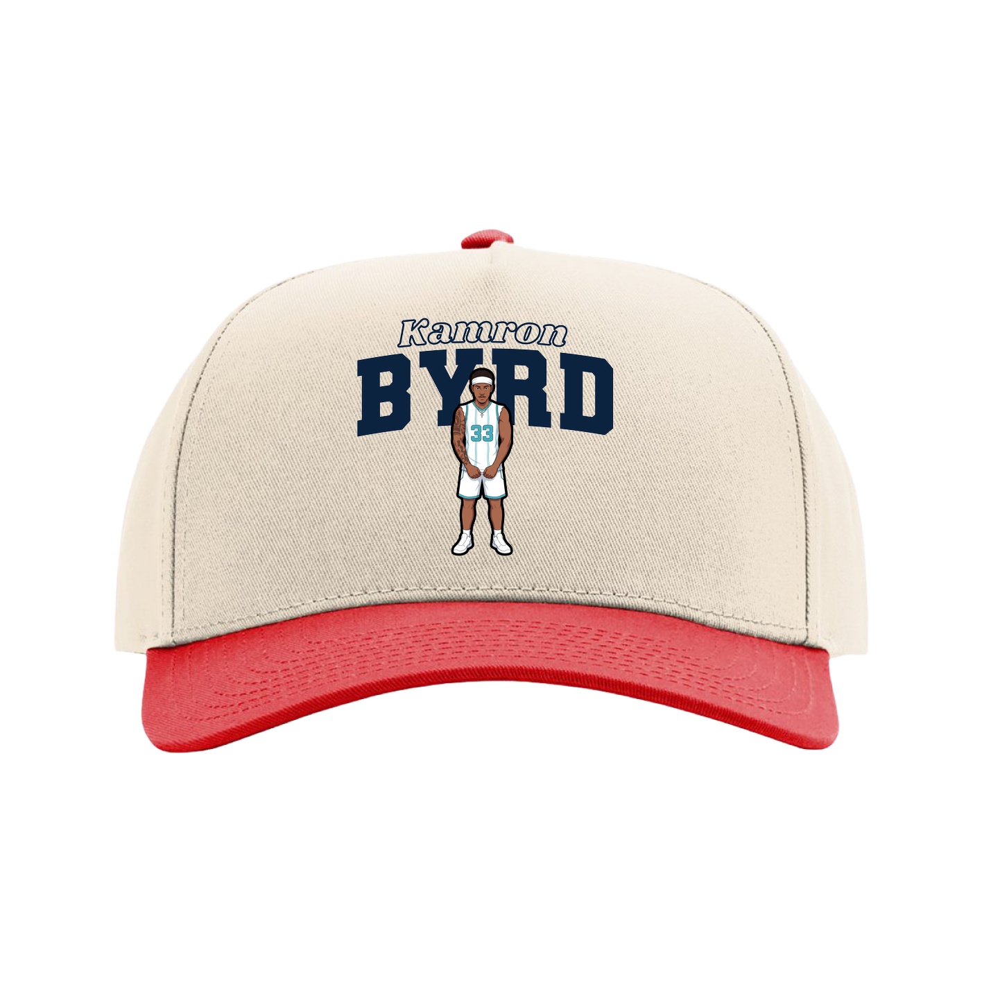 Full Fabric Five-Panel Champ Cap — Name Arch in Cream/Red