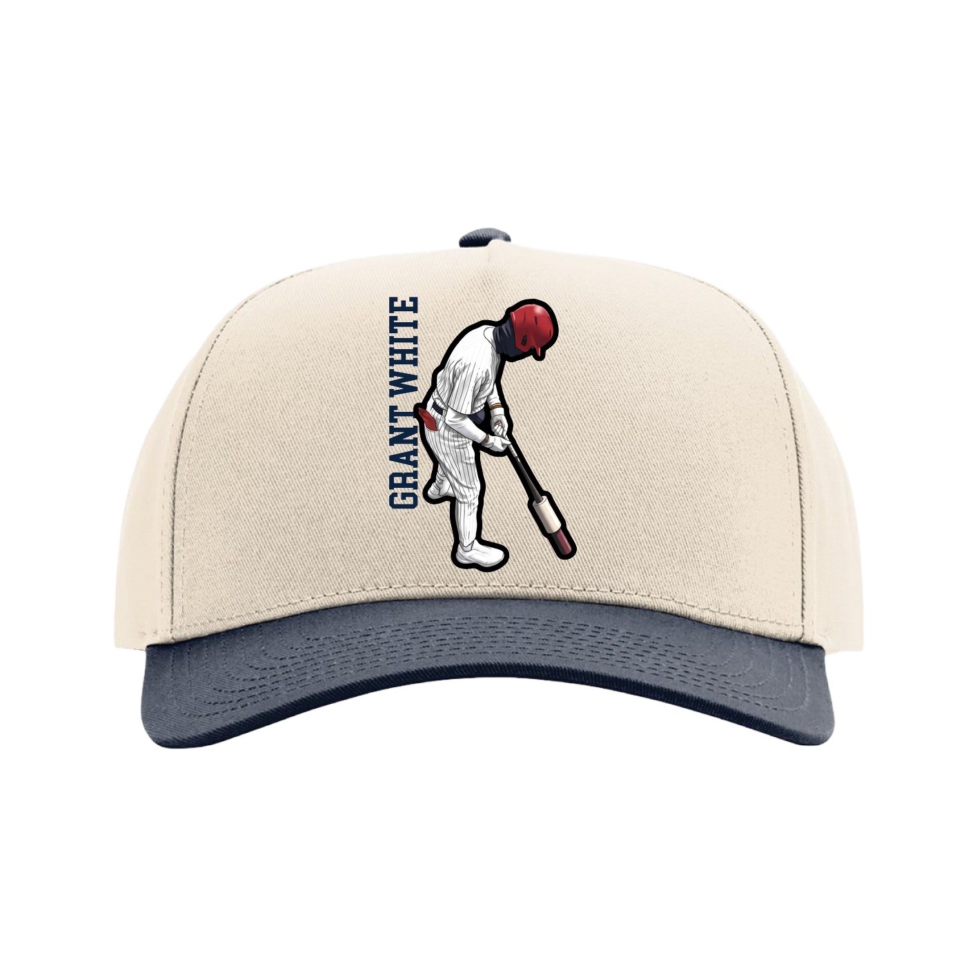 Full Fabric Five-Panel Champ Cap — Name Vertical in Cream/Navy