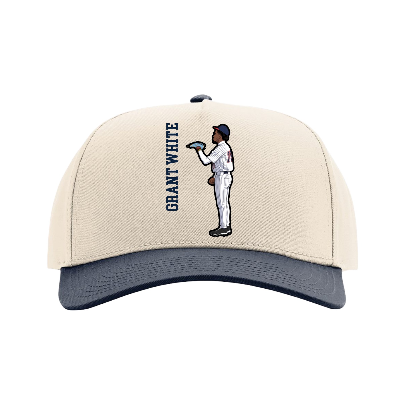 Full Fabric Five-Panel Champ Cap — Name Vertical in Cream/Navy