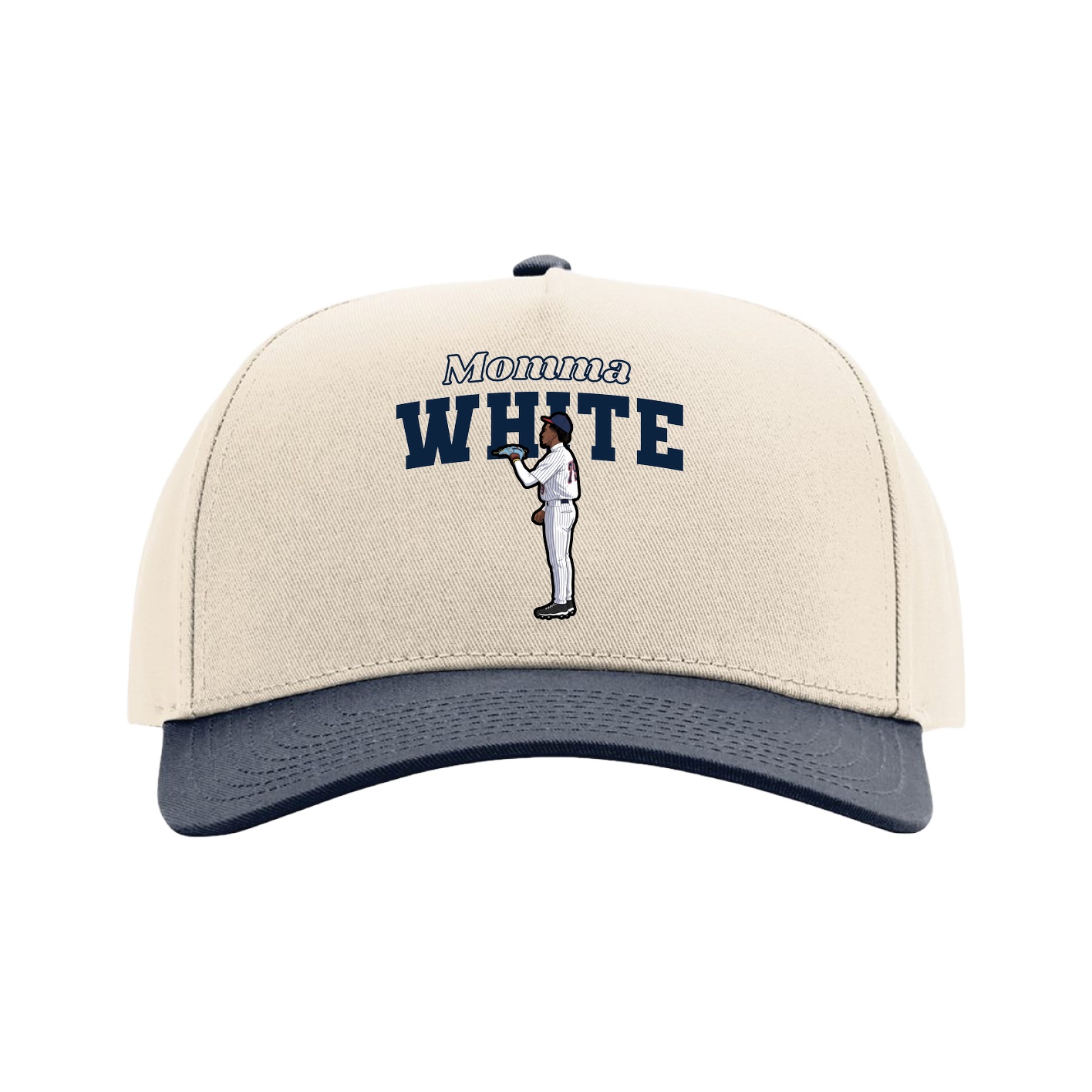 Full Fabric Five-Panel Champ Cap — Mothers Day Block in Cream/Navy