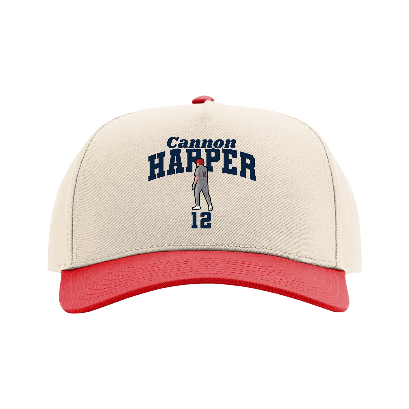 Full Fabric Five-Panel Champ Cap — Signature Arch in Cream/Red