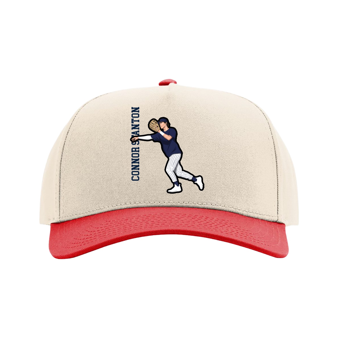 Full Fabric Five-Panel Champ Cap — Name Vertical in Cream/Red