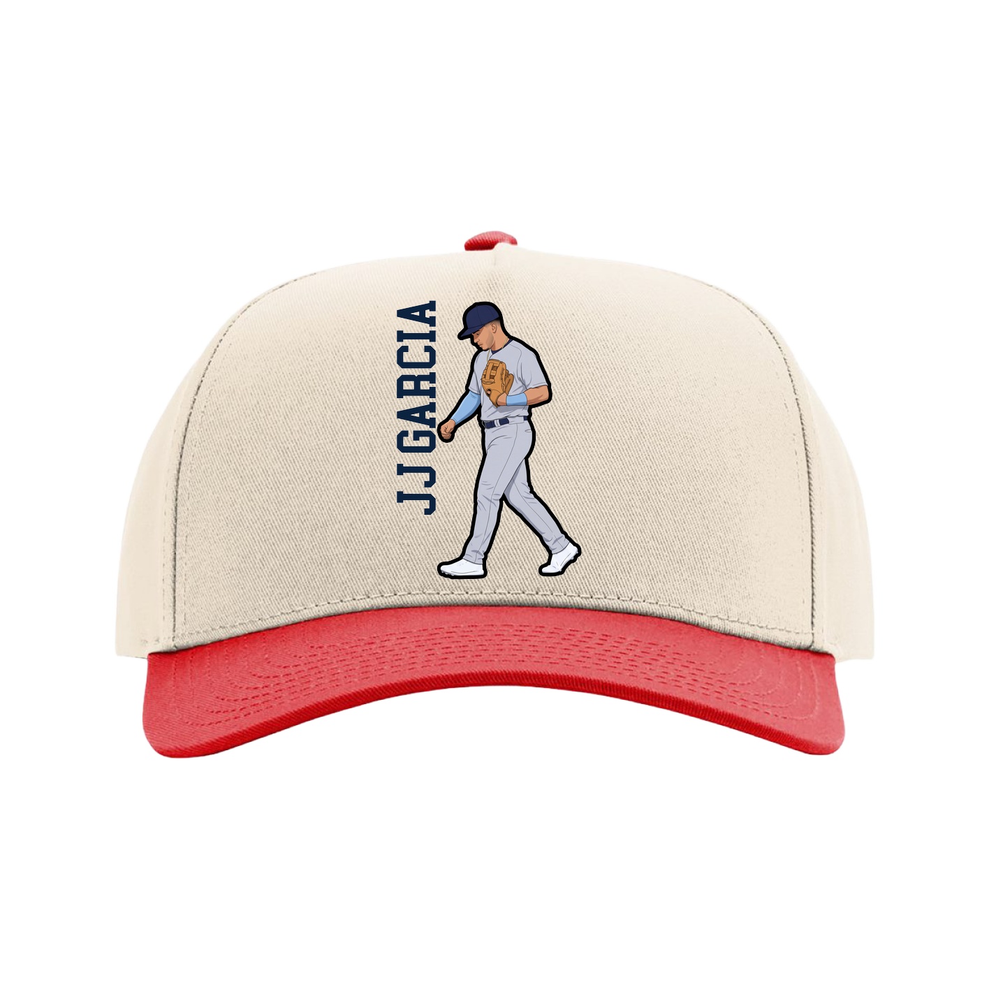 Full Fabric Five-Panel Champ Cap — Name Vertical in Cream/Red