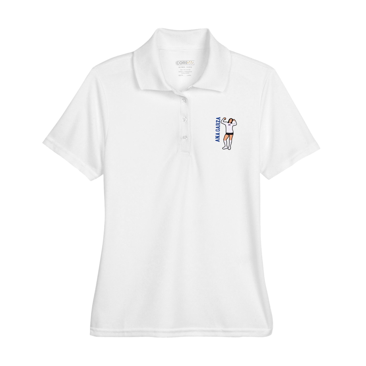 Womens Performance Polo — Name Vertical in White