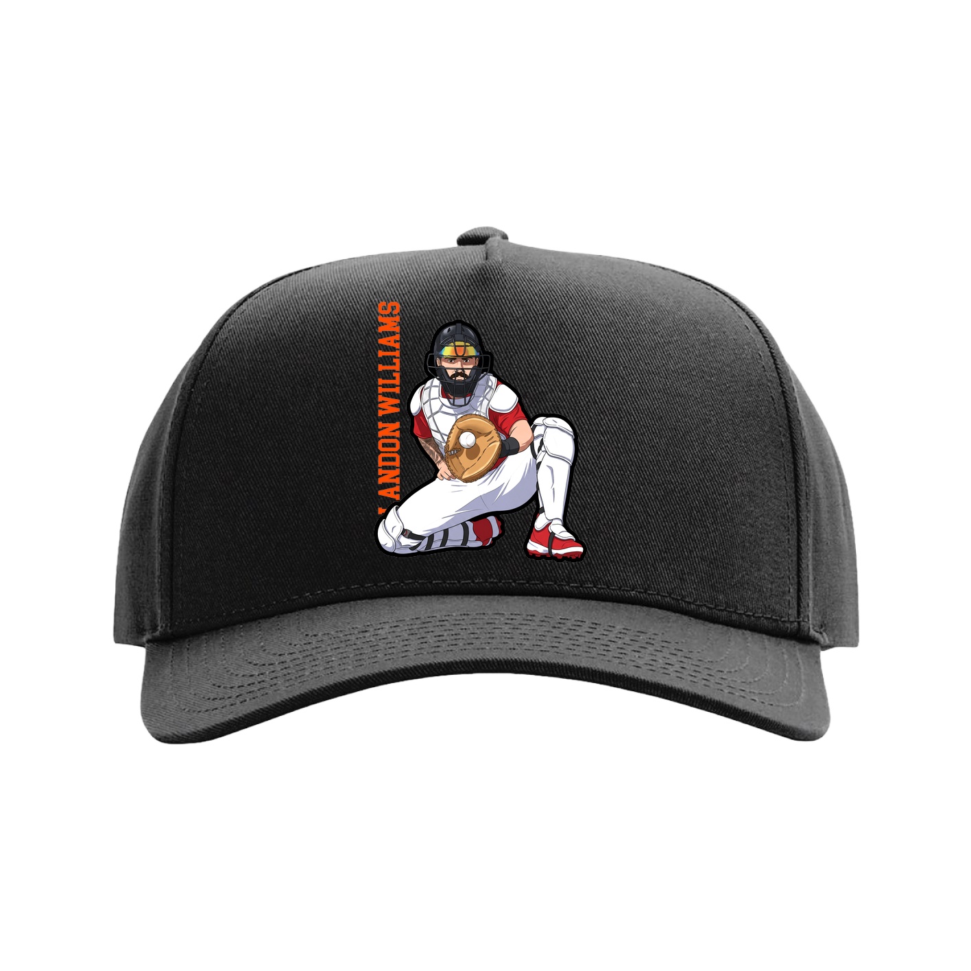 Full Fabric Five-Panel Champ Cap — Name Vertical in Black