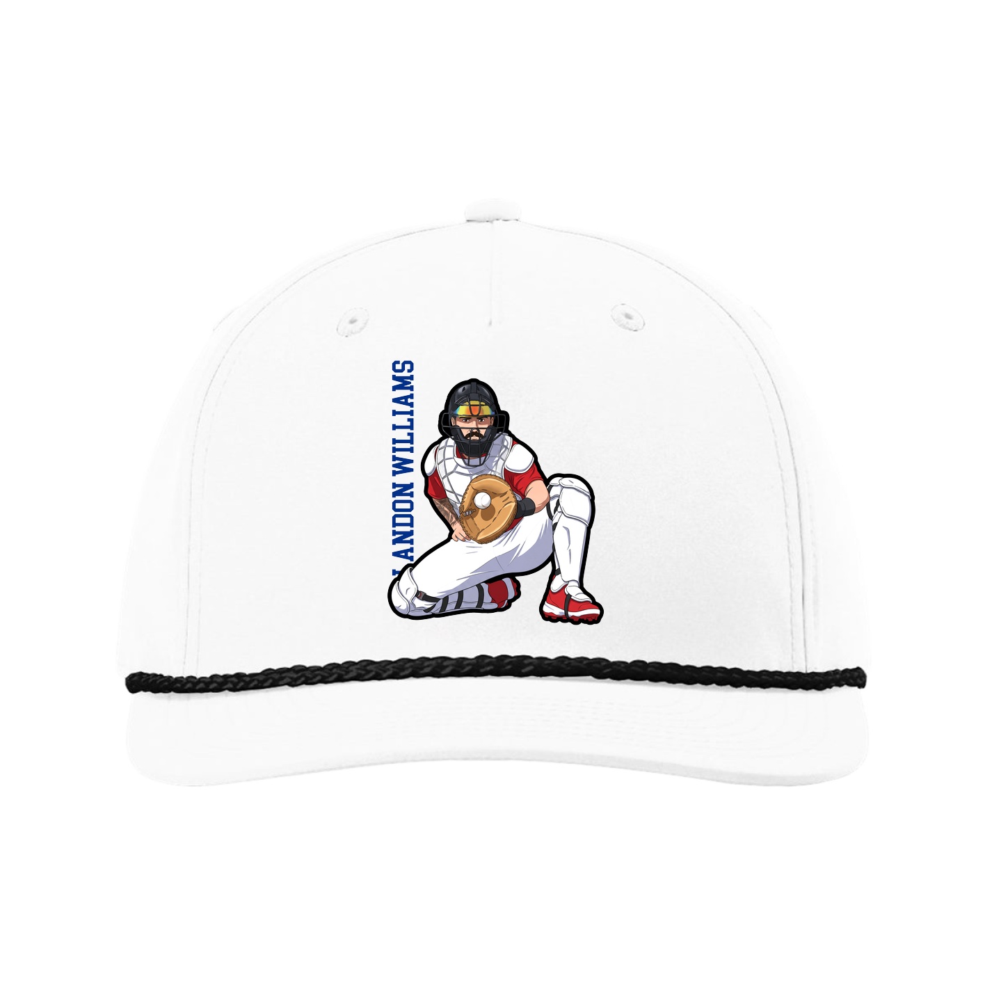 Five-Panel Classic Rope Cap — Name Vertical in White