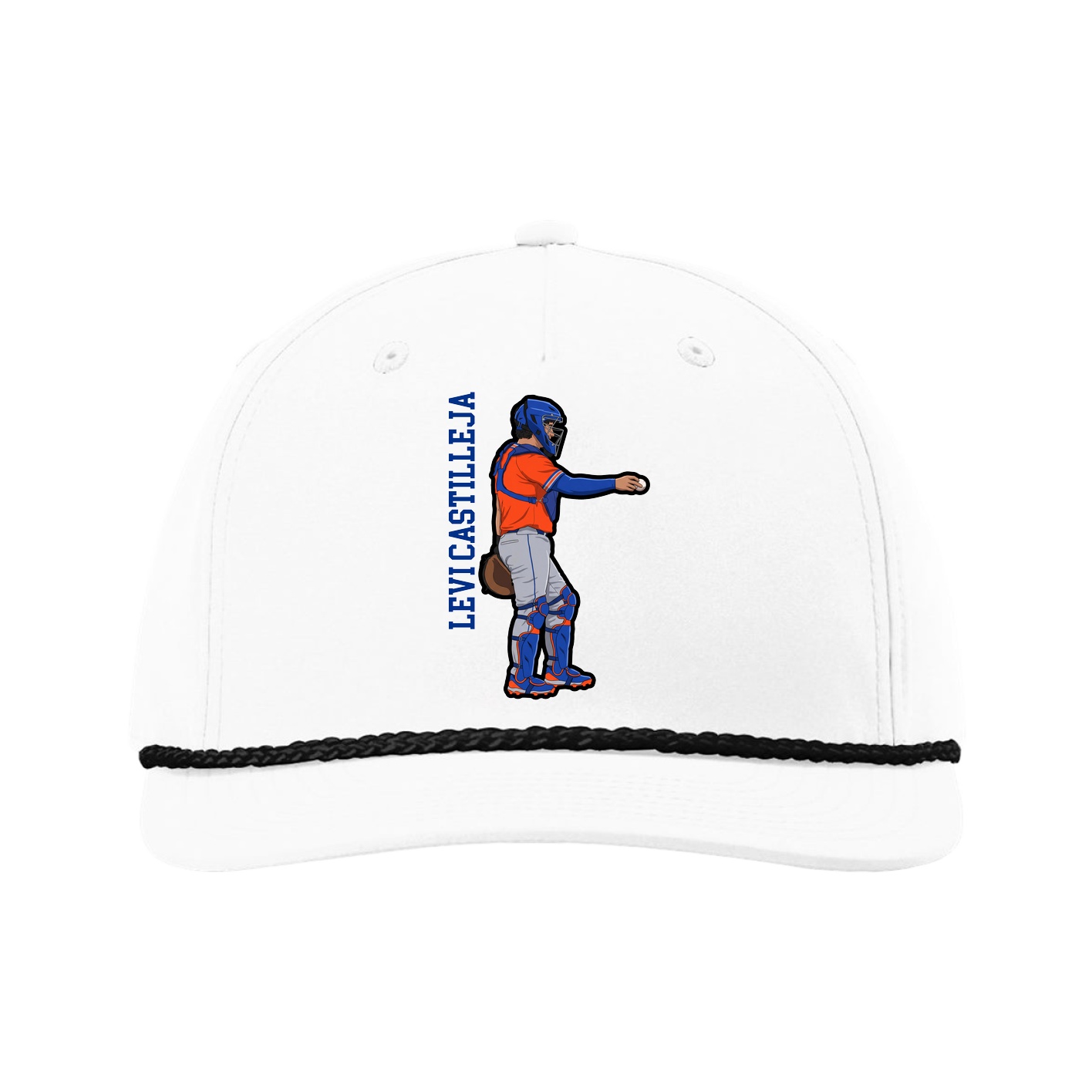 Five-Panel Classic Rope Cap — Name Vertical in White