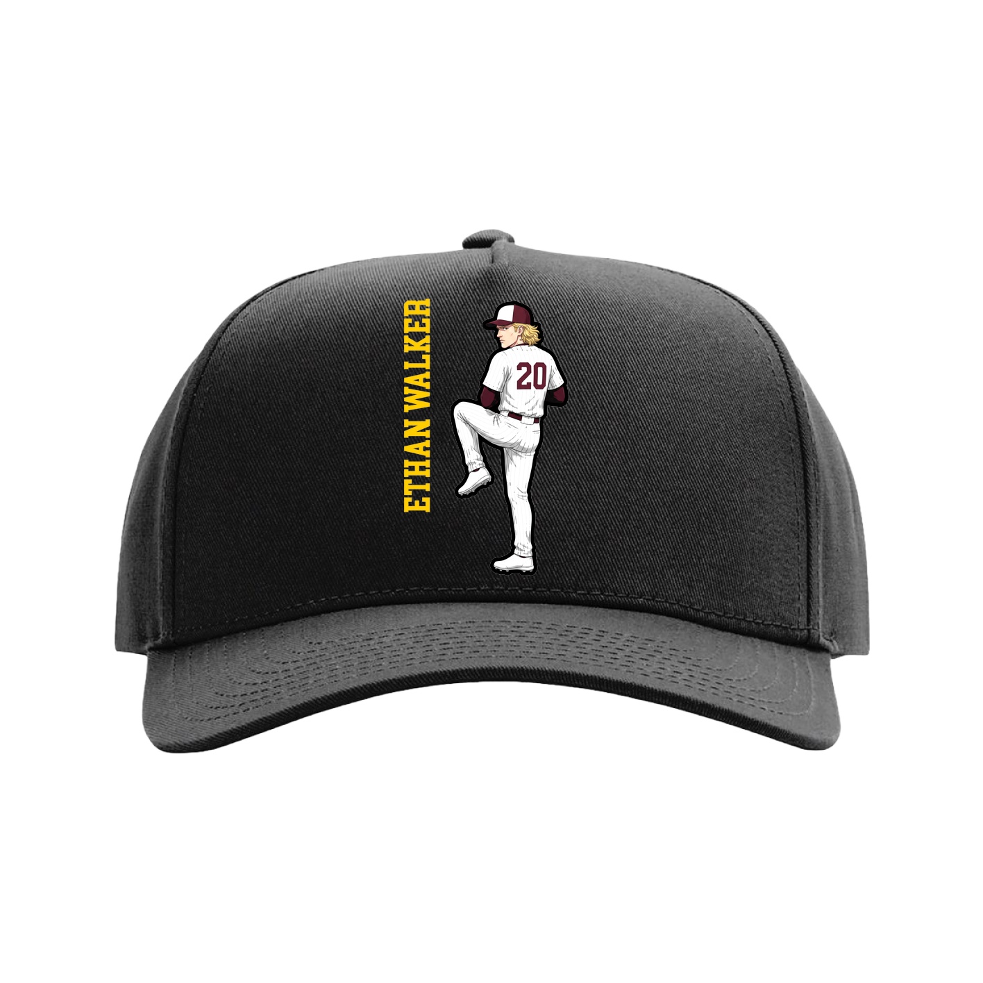 Full Fabric Five-Panel Champ Cap — Name Vertical in Black