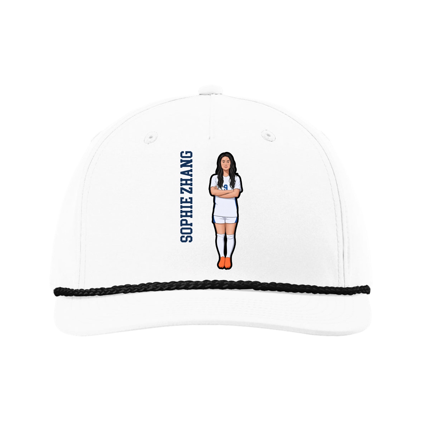 Five-Panel Classic Rope Cap — Name Vertical in White