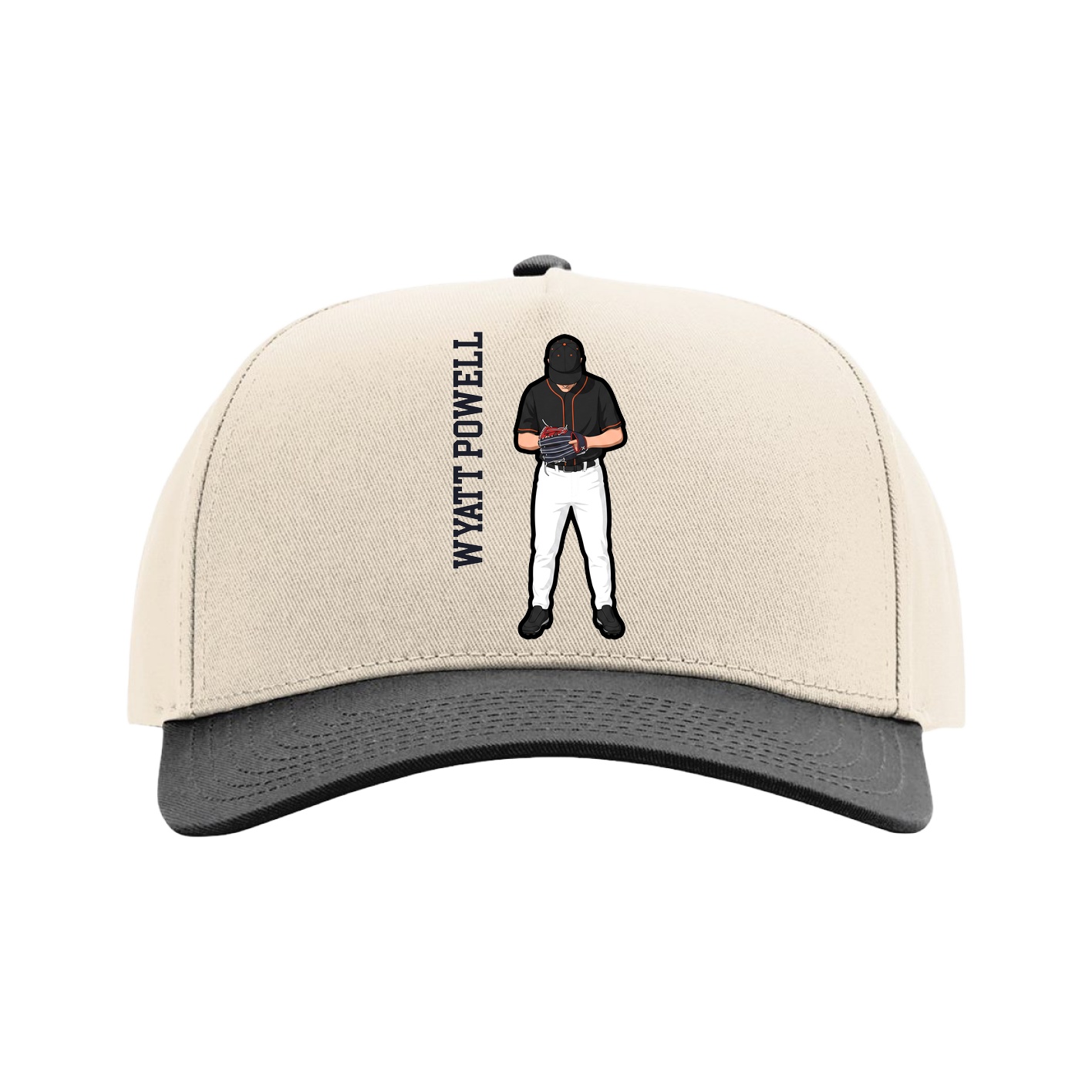 Full Fabric Five-Panel Champ Cap — Name Vertical in Cream/Black