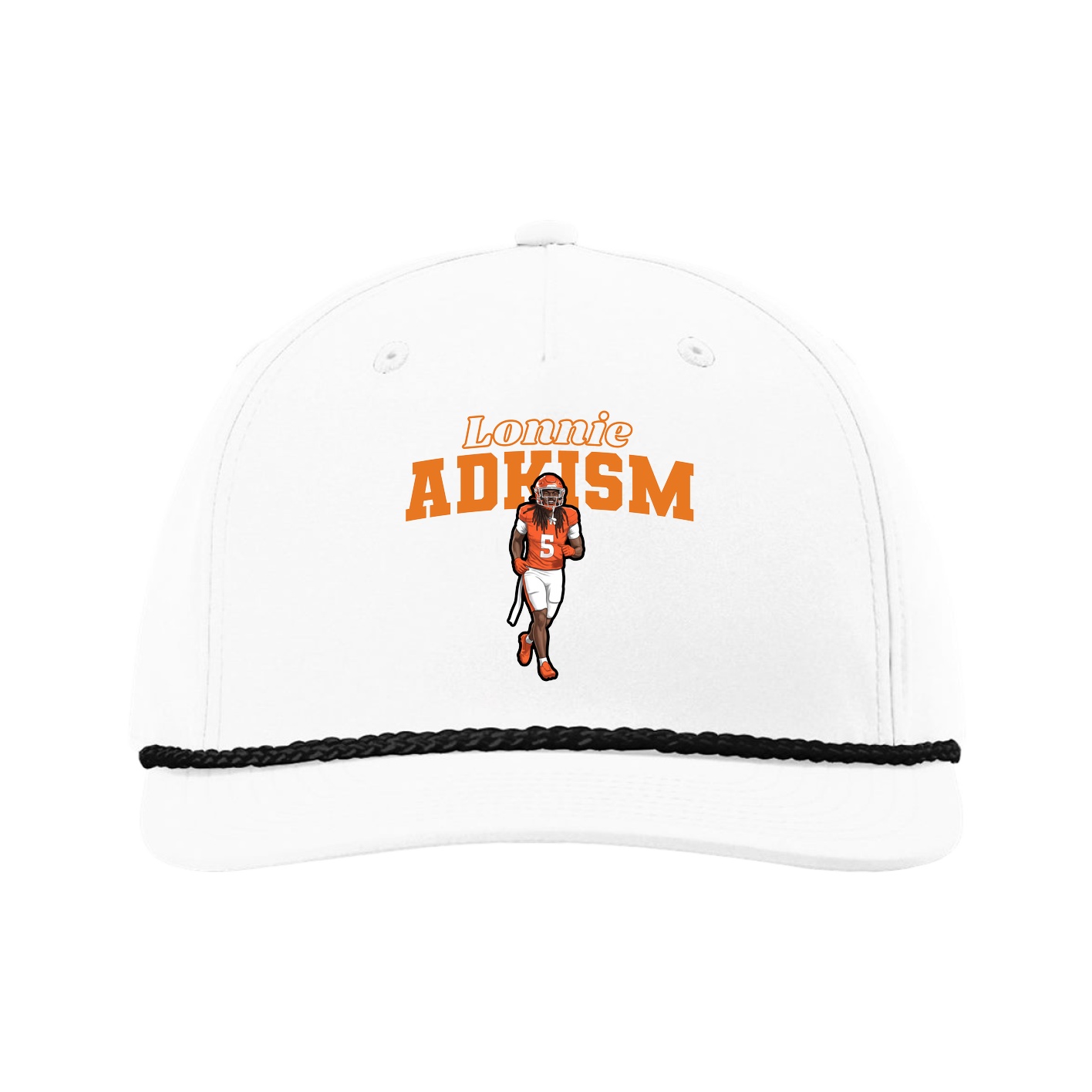 Five-Panel Classic Rope Cap — Name Arch in White