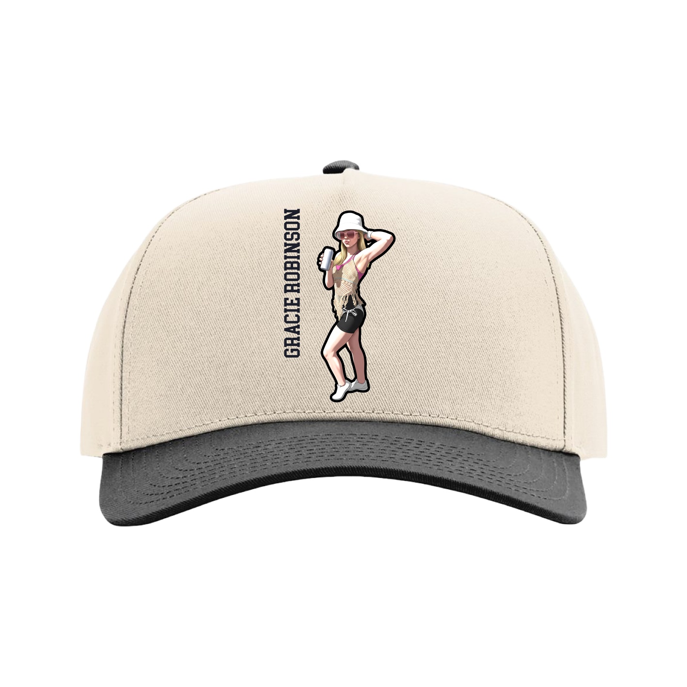 Full Fabric Five-Panel Champ Cap — Name Vertical in Cream/Black