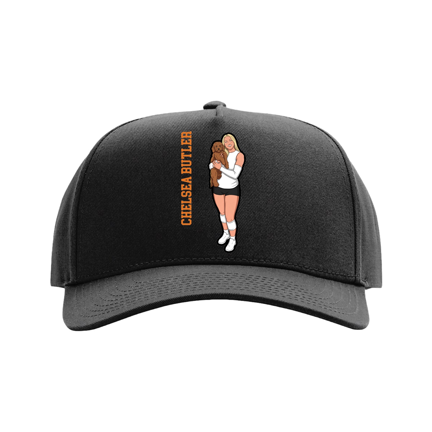 Full Fabric Five-Panel Champ Cap — Name Vertical in Black