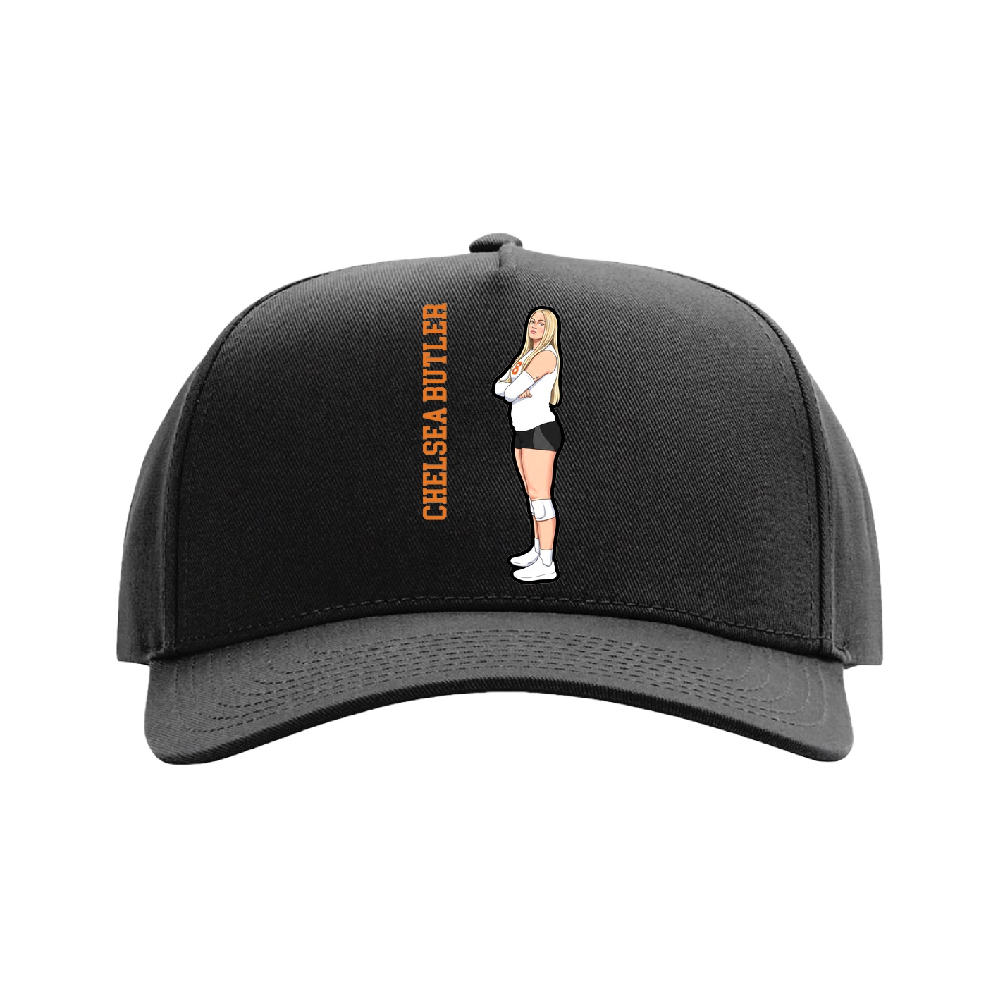 Full Fabric Five-Panel Champ Cap — Name Vertical in Black