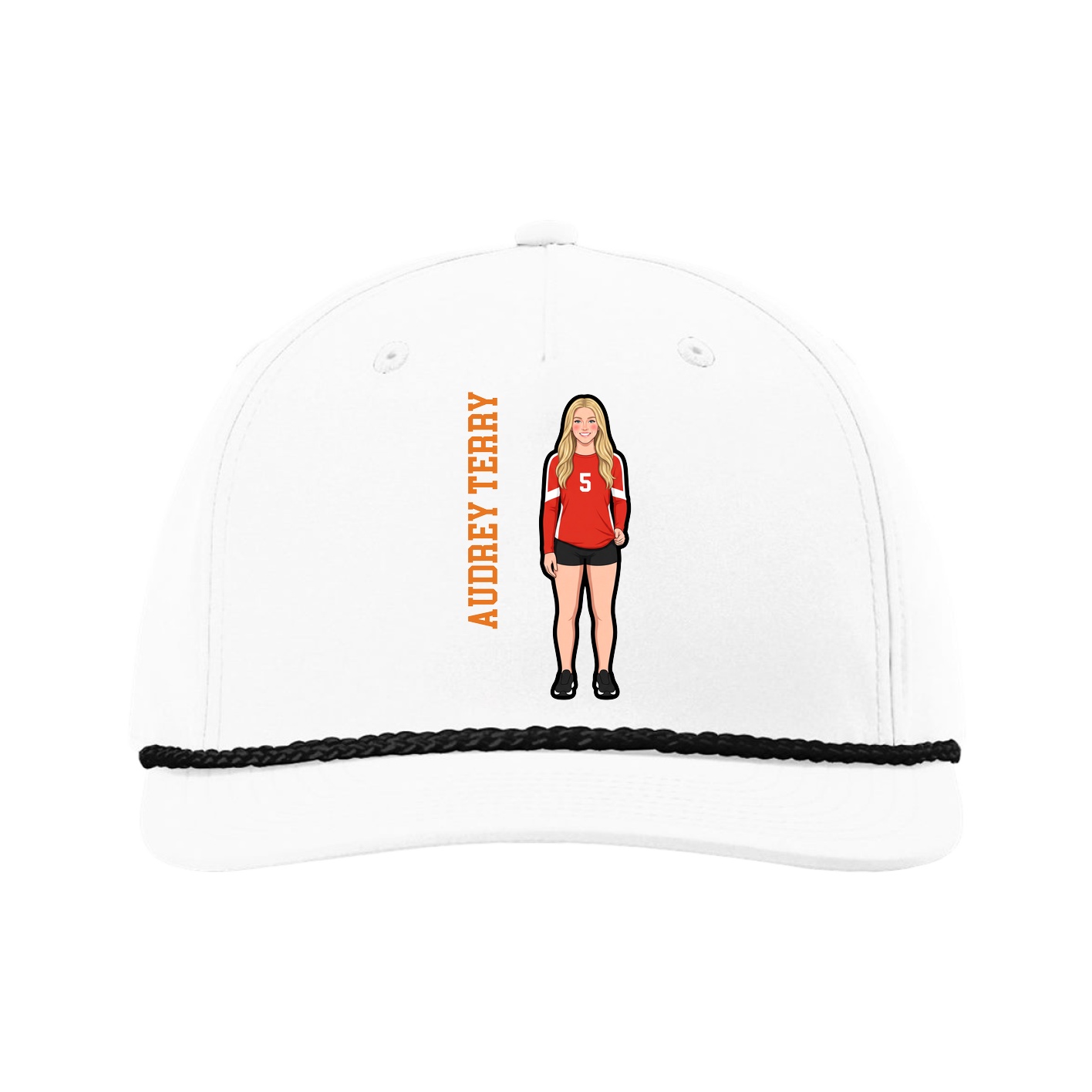 Five-Panel Classic Rope Cap — Name Vertical in White