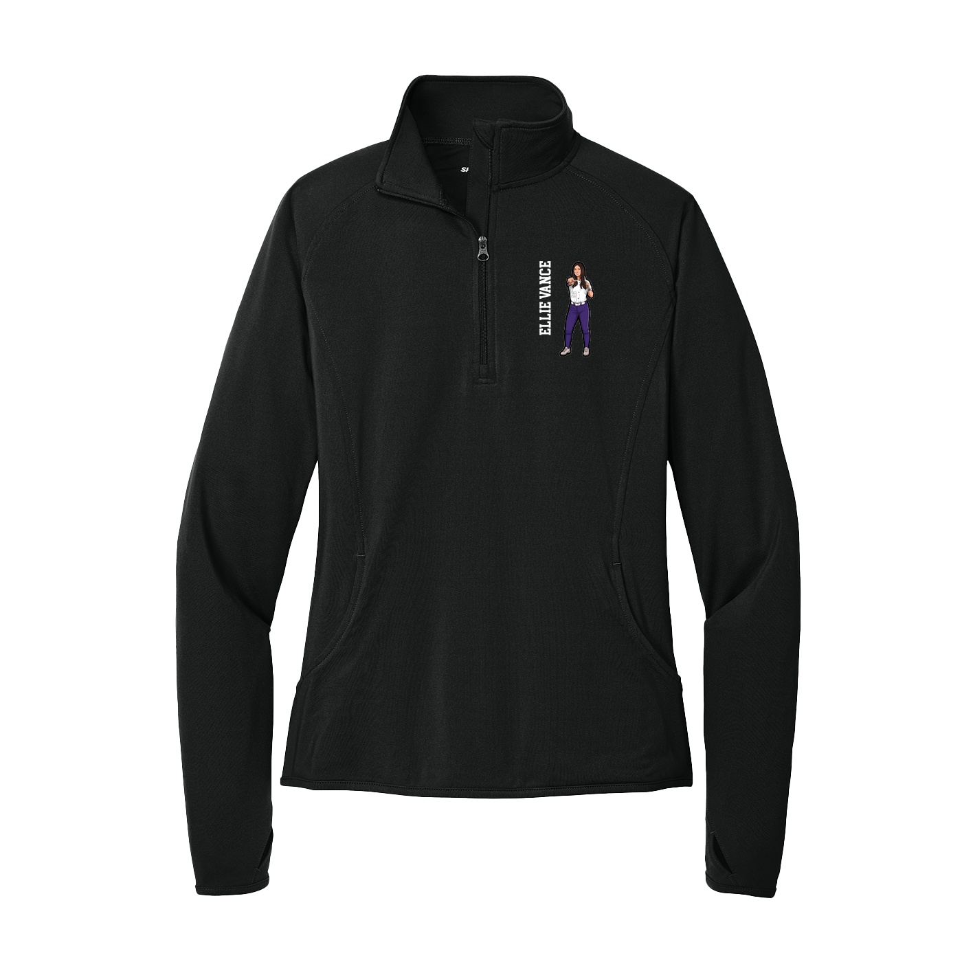 Women's Q-Zip Pullover — Name Vertical in Black