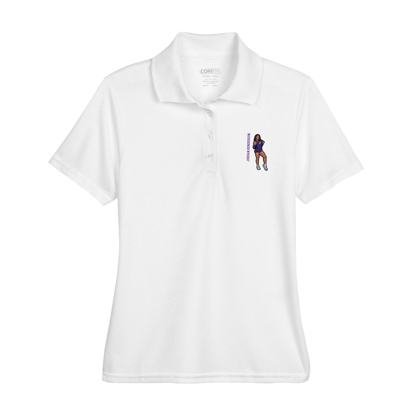 Womens Performance Polo — Name Vertical in White