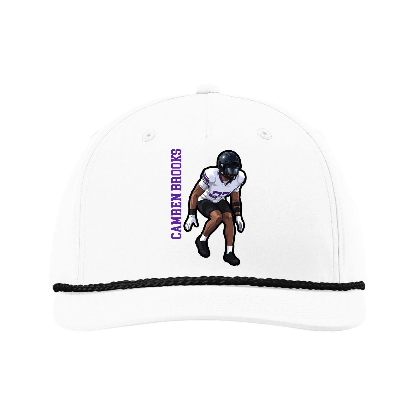 Five-Panel Classic Rope Cap — Name Vertical in White