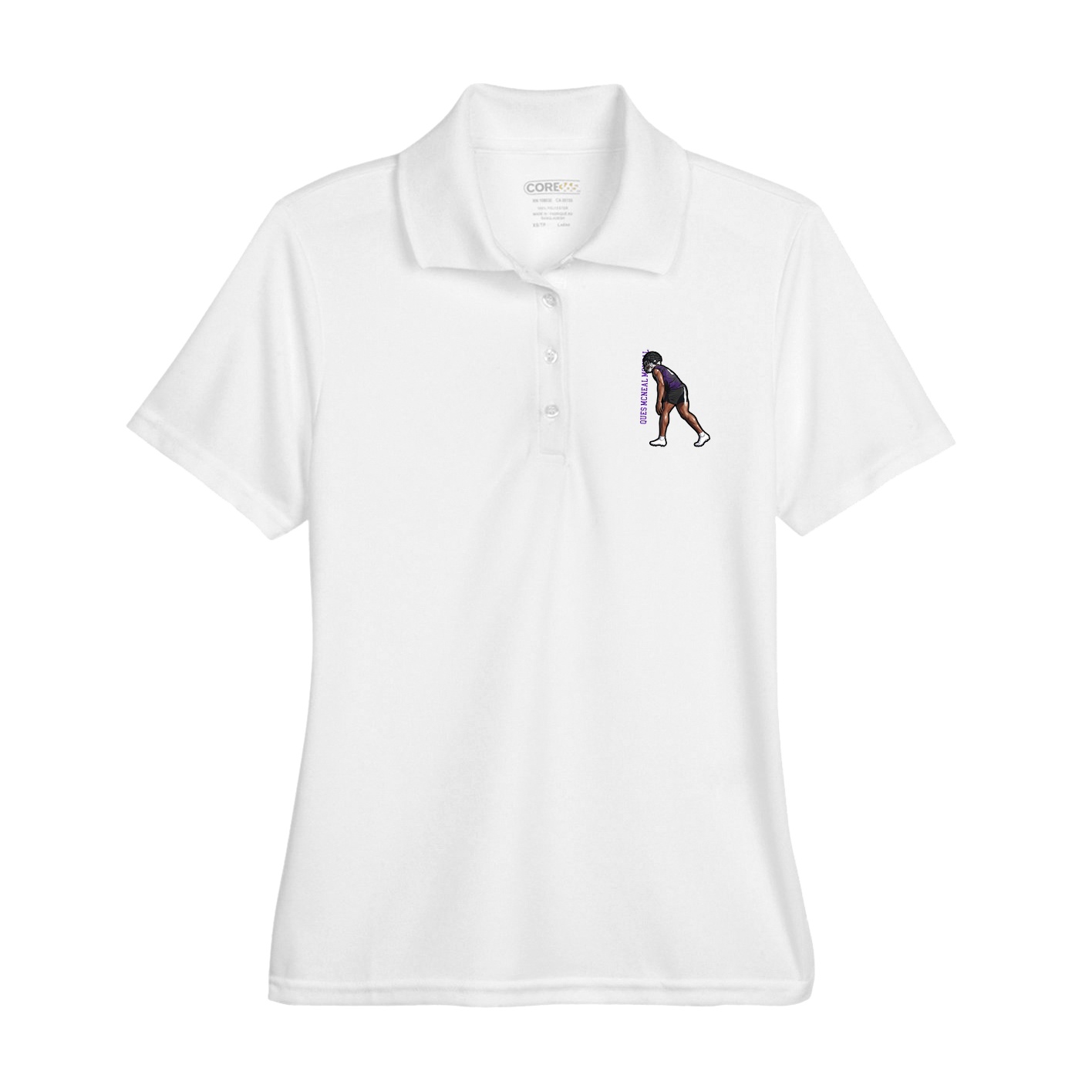 Womens Performance Polo — Name Vertical in White