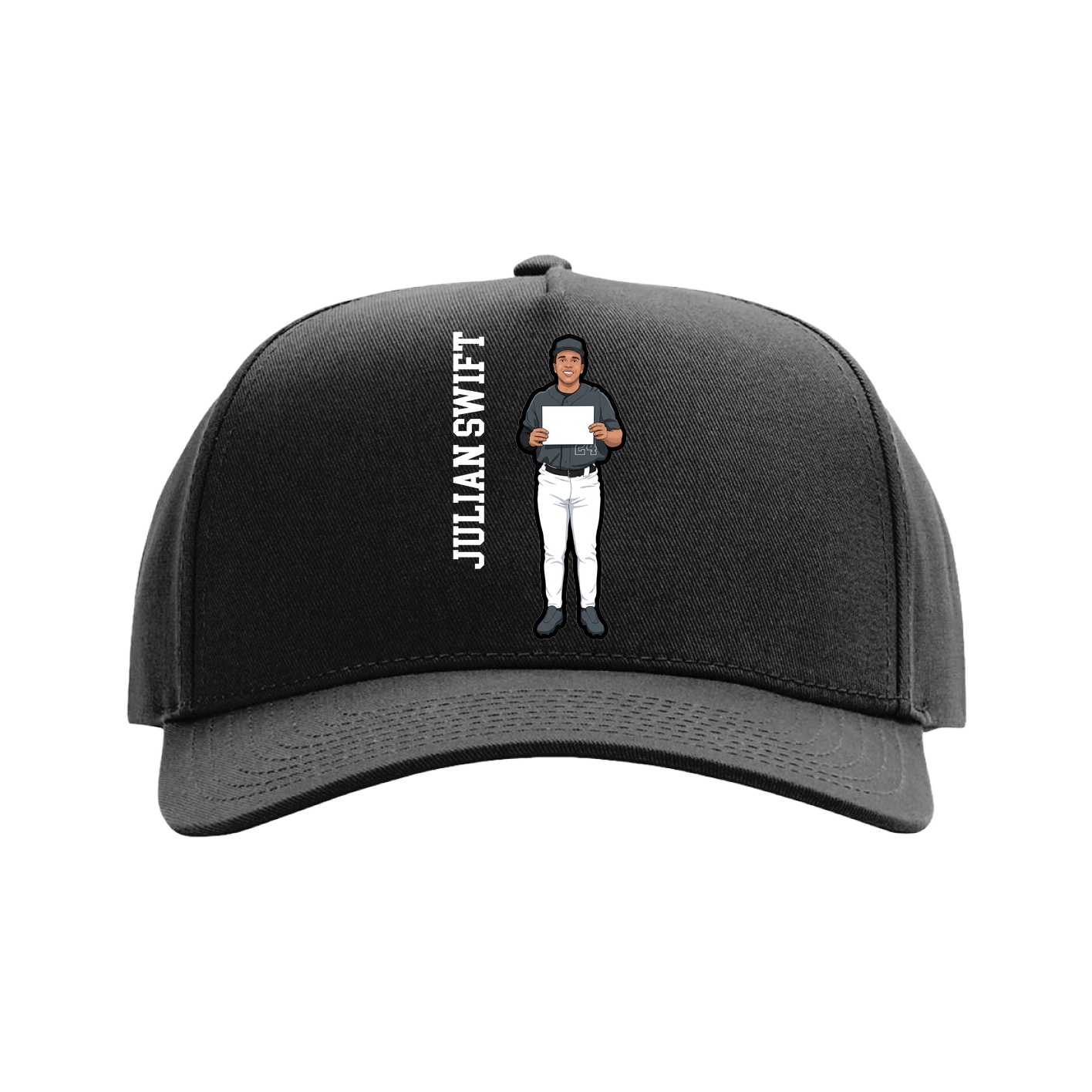 Full Fabric Five-Panel Champ Cap — Name Vertical in Black