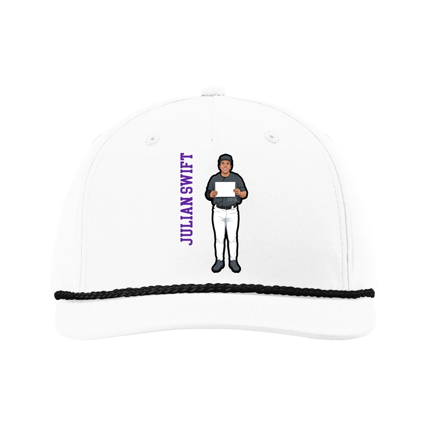 Five-Panel Classic Rope Cap — Name Vertical in White