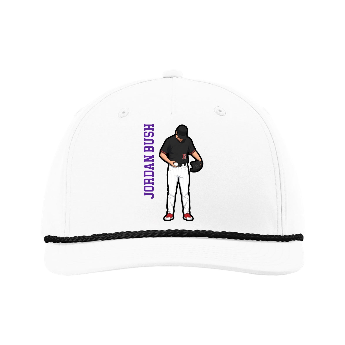 Five-Panel Classic Rope Cap — Name Vertical in White
