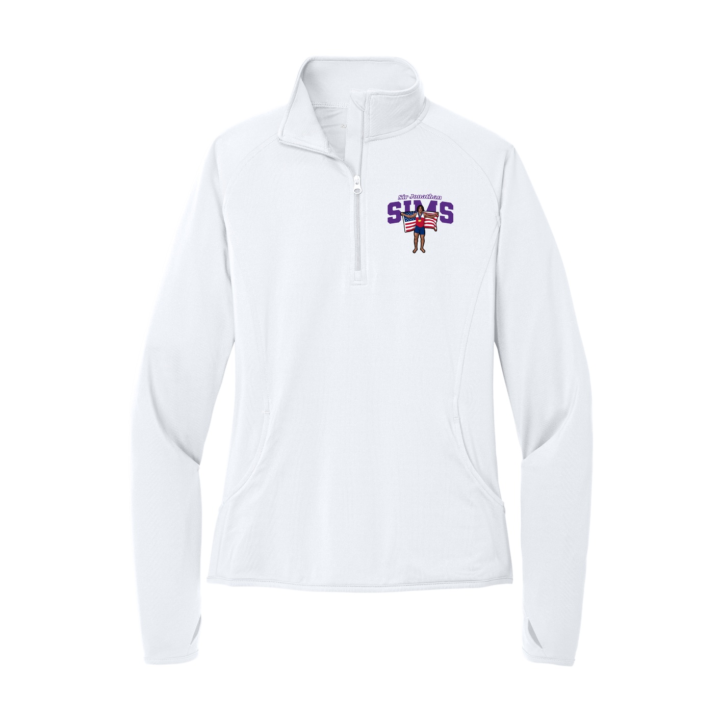 Women's Q-Zip Pullover — Name Arch in White